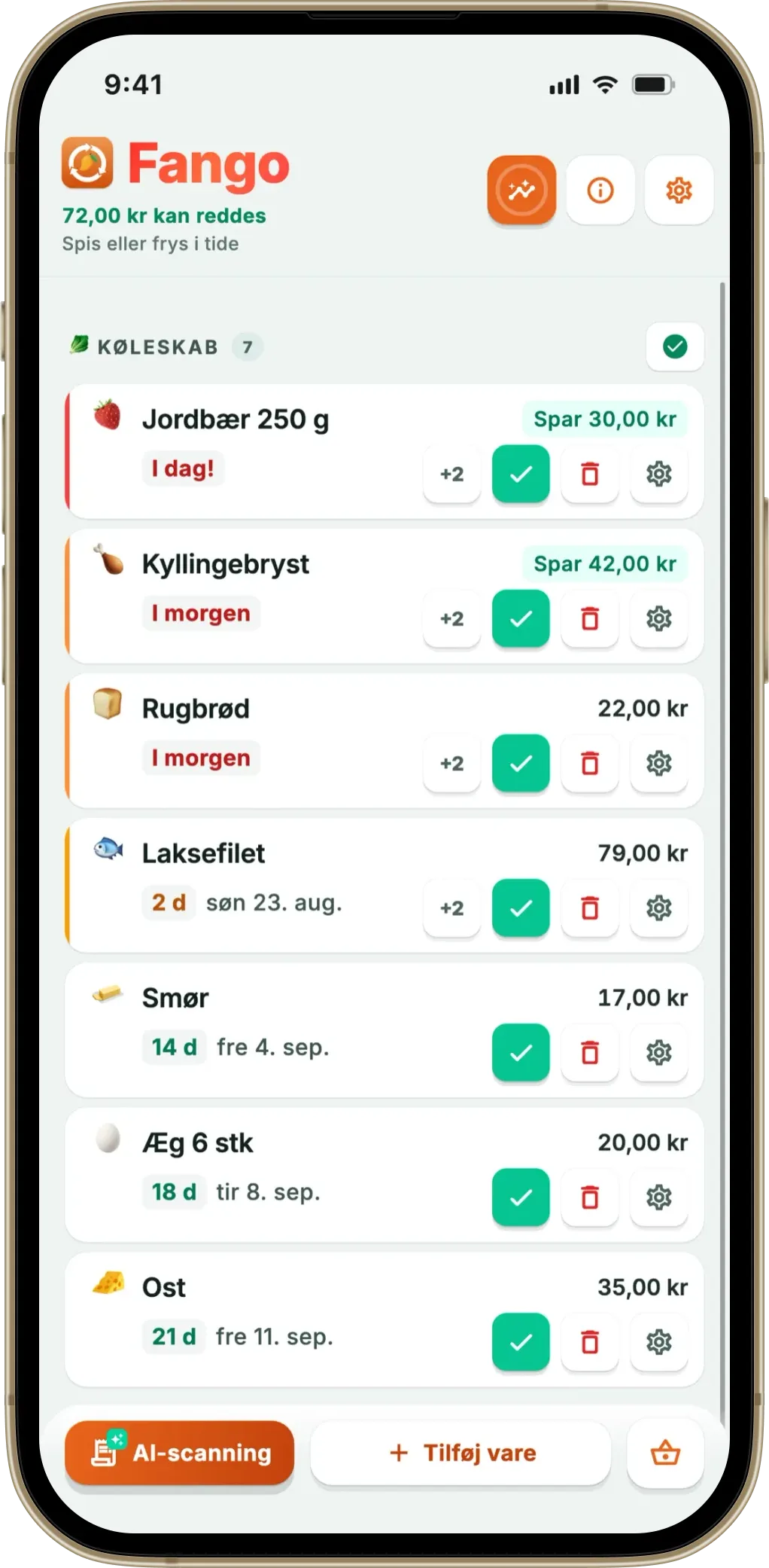 Fangos køleskabsvisning sorteret efter udløbsdato