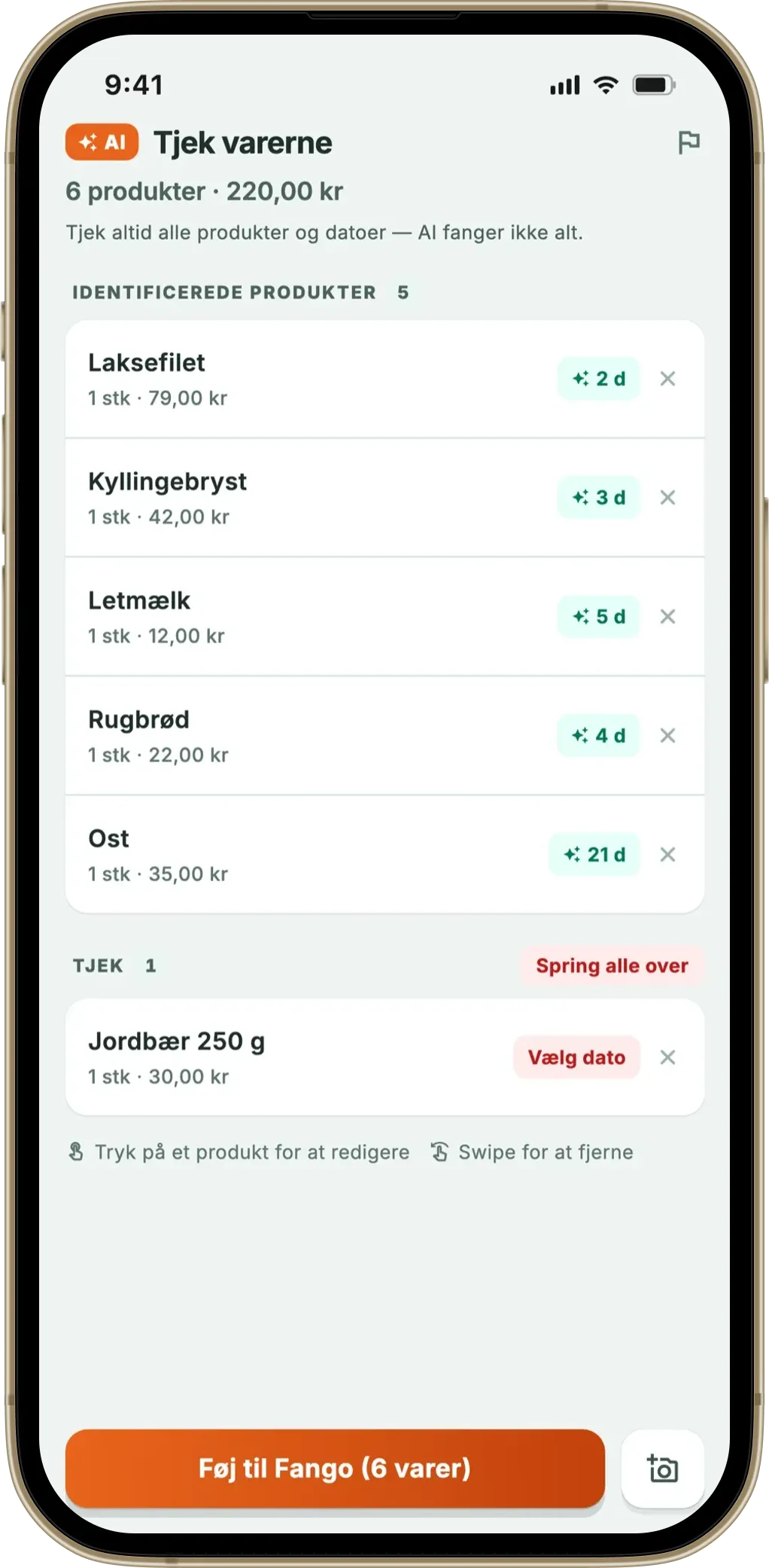 Fangos kvitteringskontrol: genkendte varer og anslåede dage