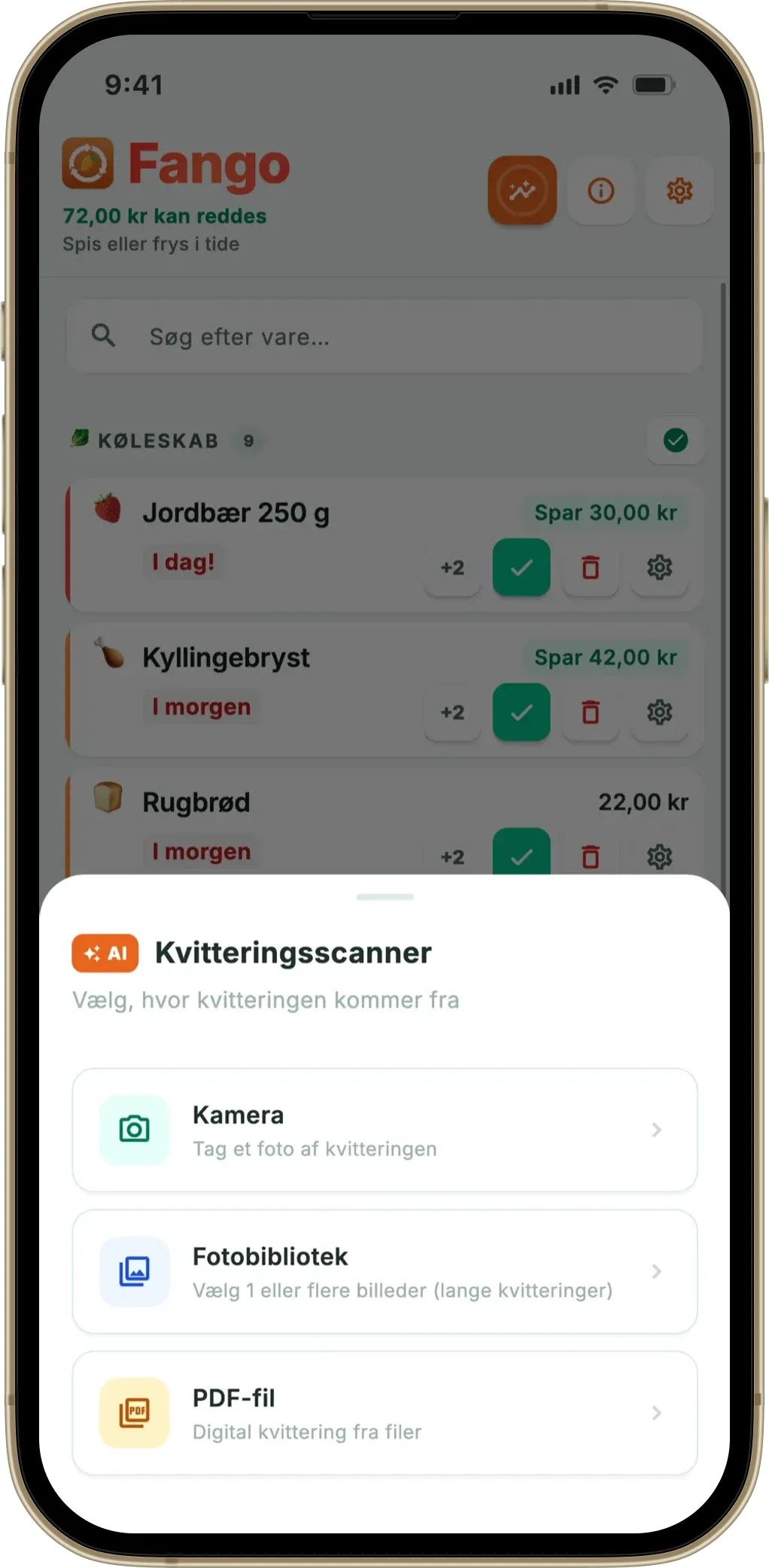 Fangos kvitteringsscanning: kamera, billedbibliotek eller PDF