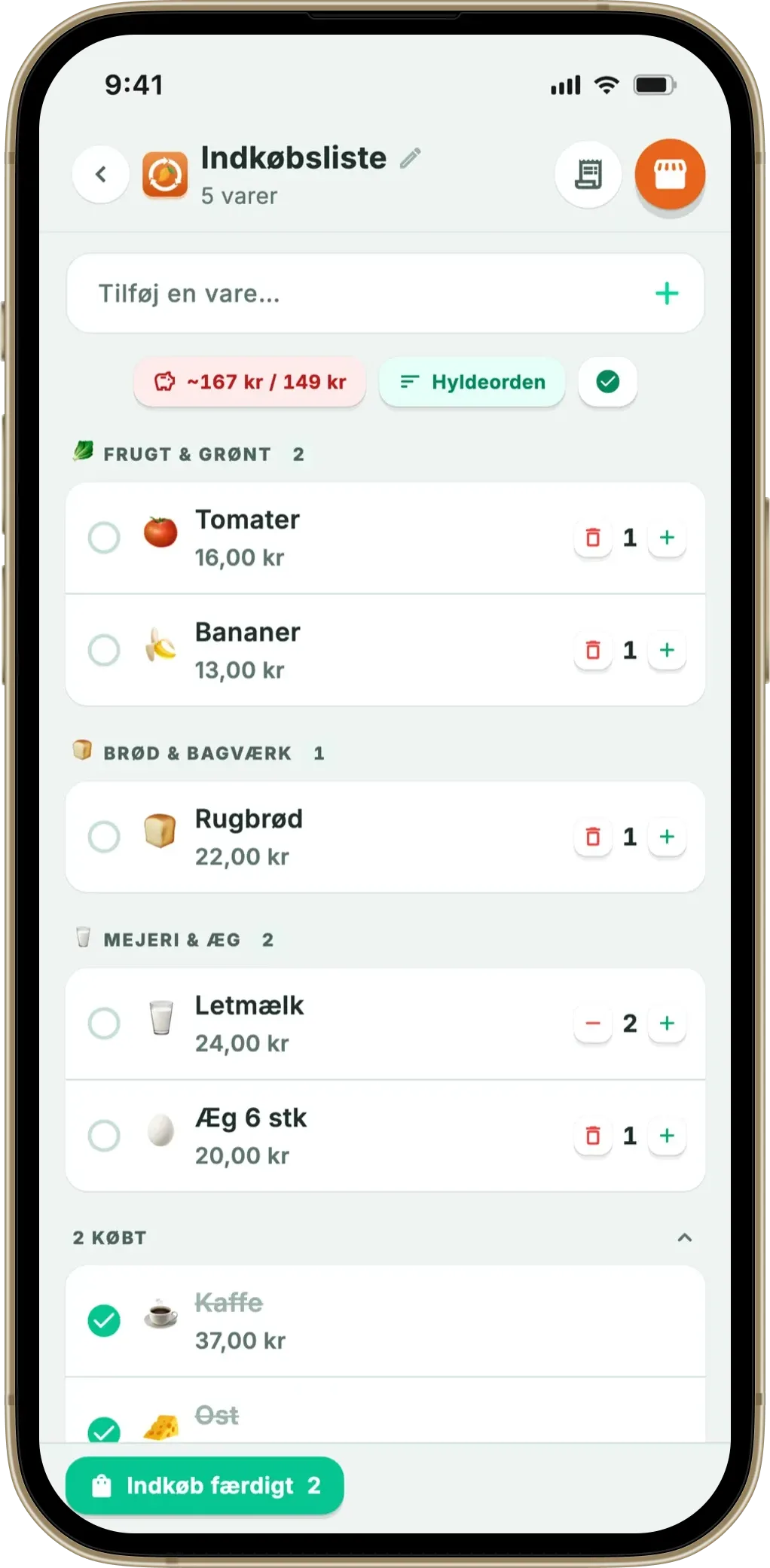 Fangos indkøbsliste efter afdeling, med budget