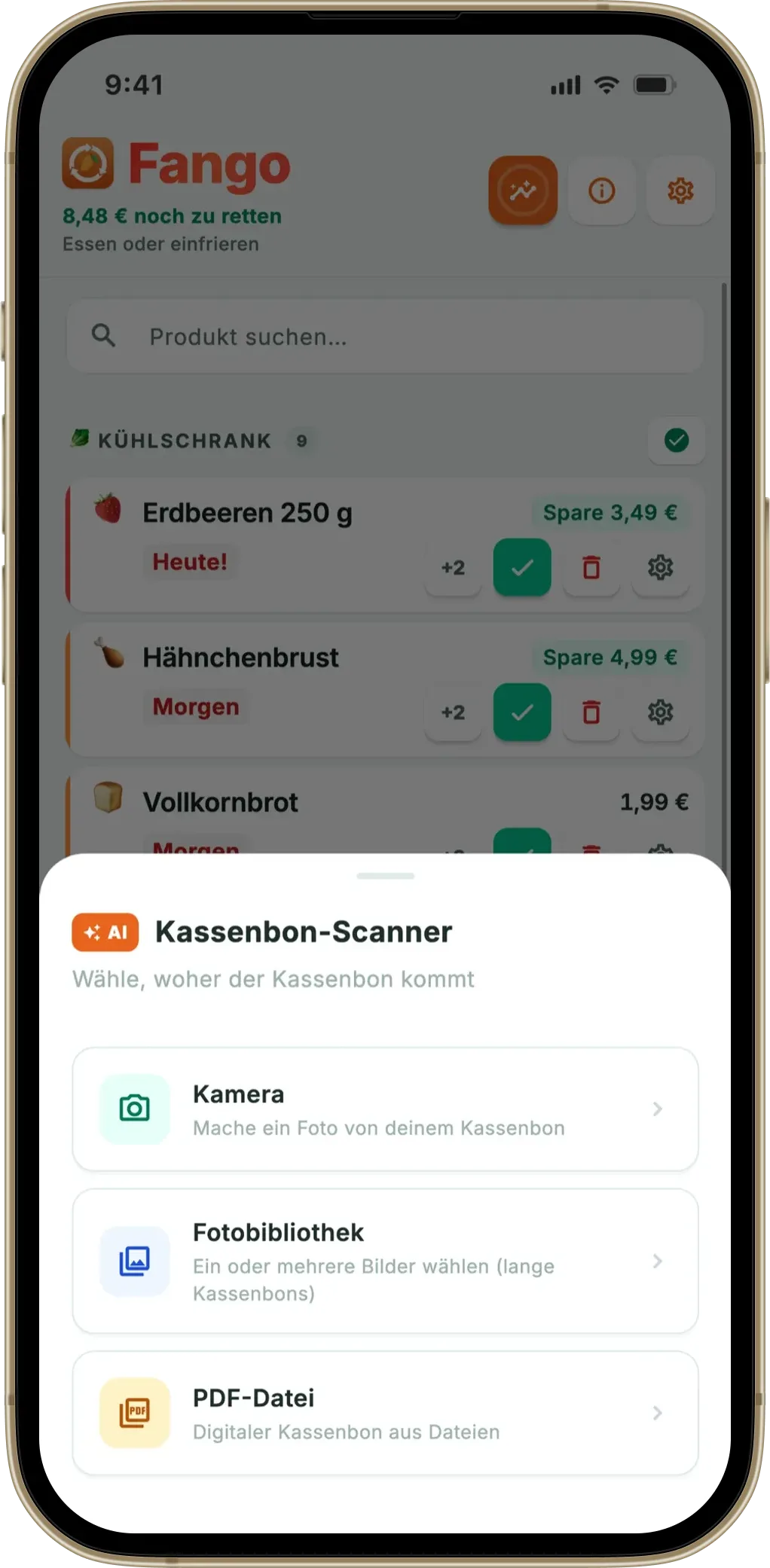 Fango Kassenbon scannen: Kamera, Fotomediathek oder PDF