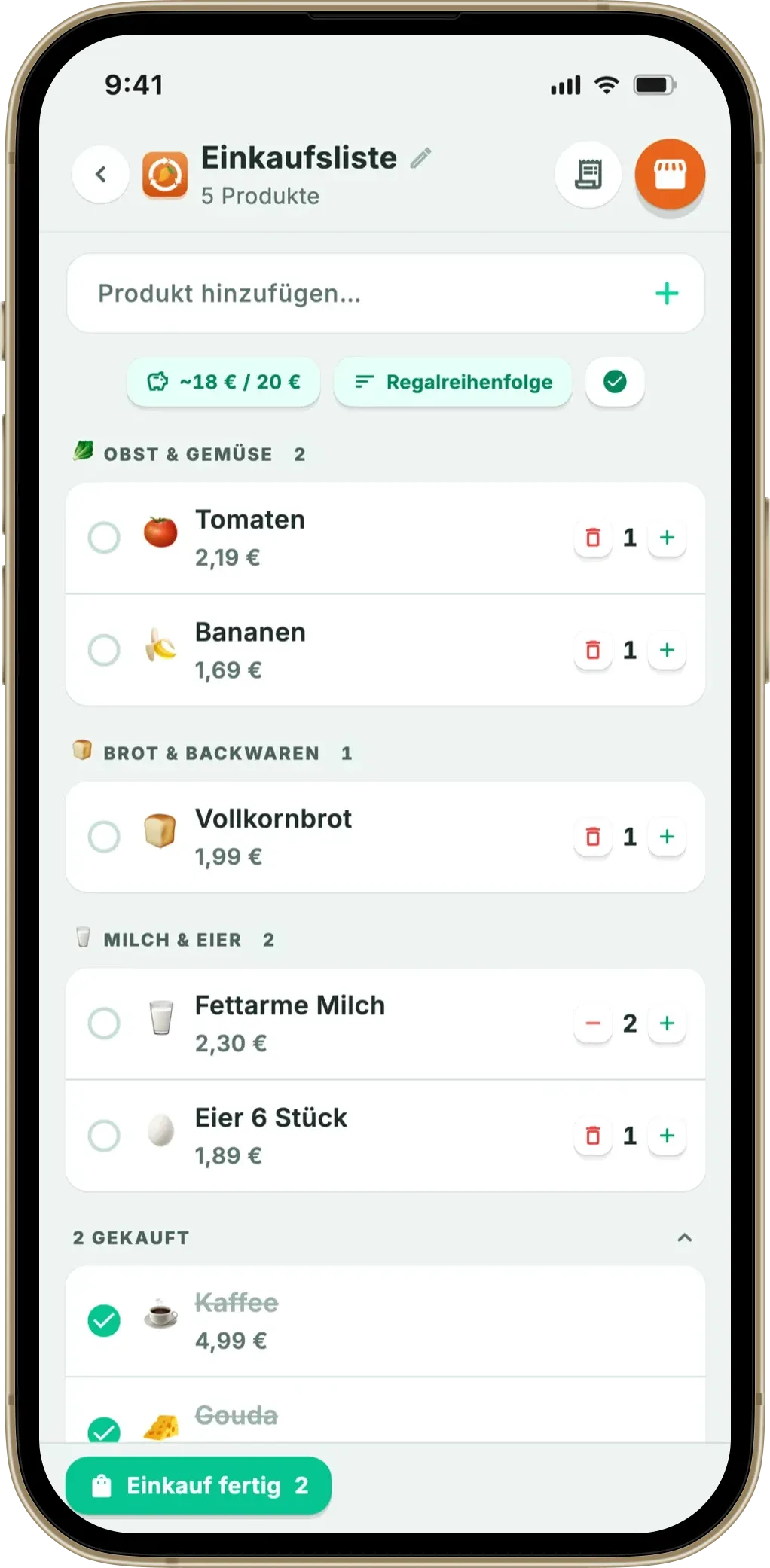 Fango Einkaufsliste nach Abteilung, mit Budget
