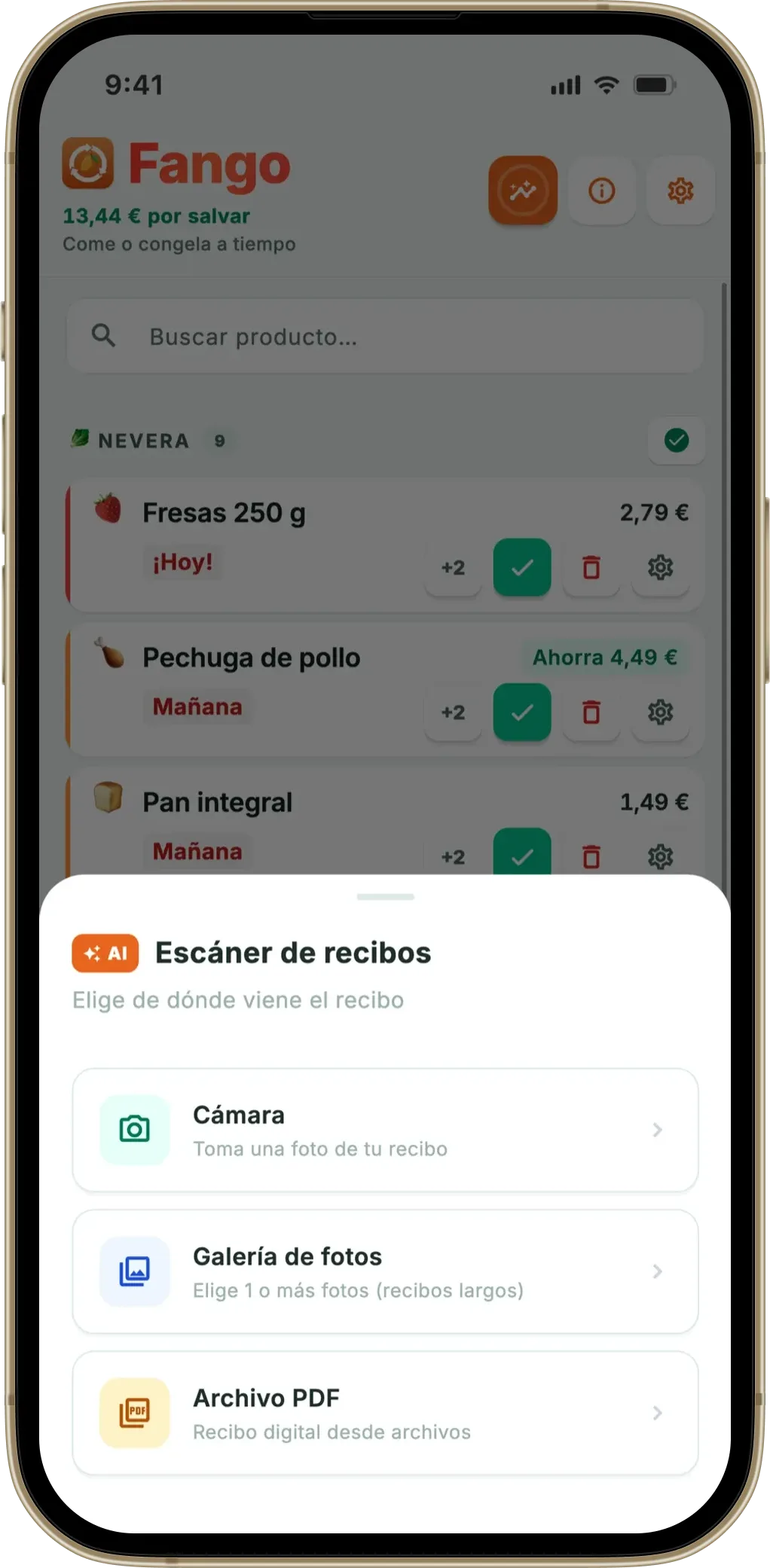 Escaneo de tickets de Fango: cámara, fototeca o PDF