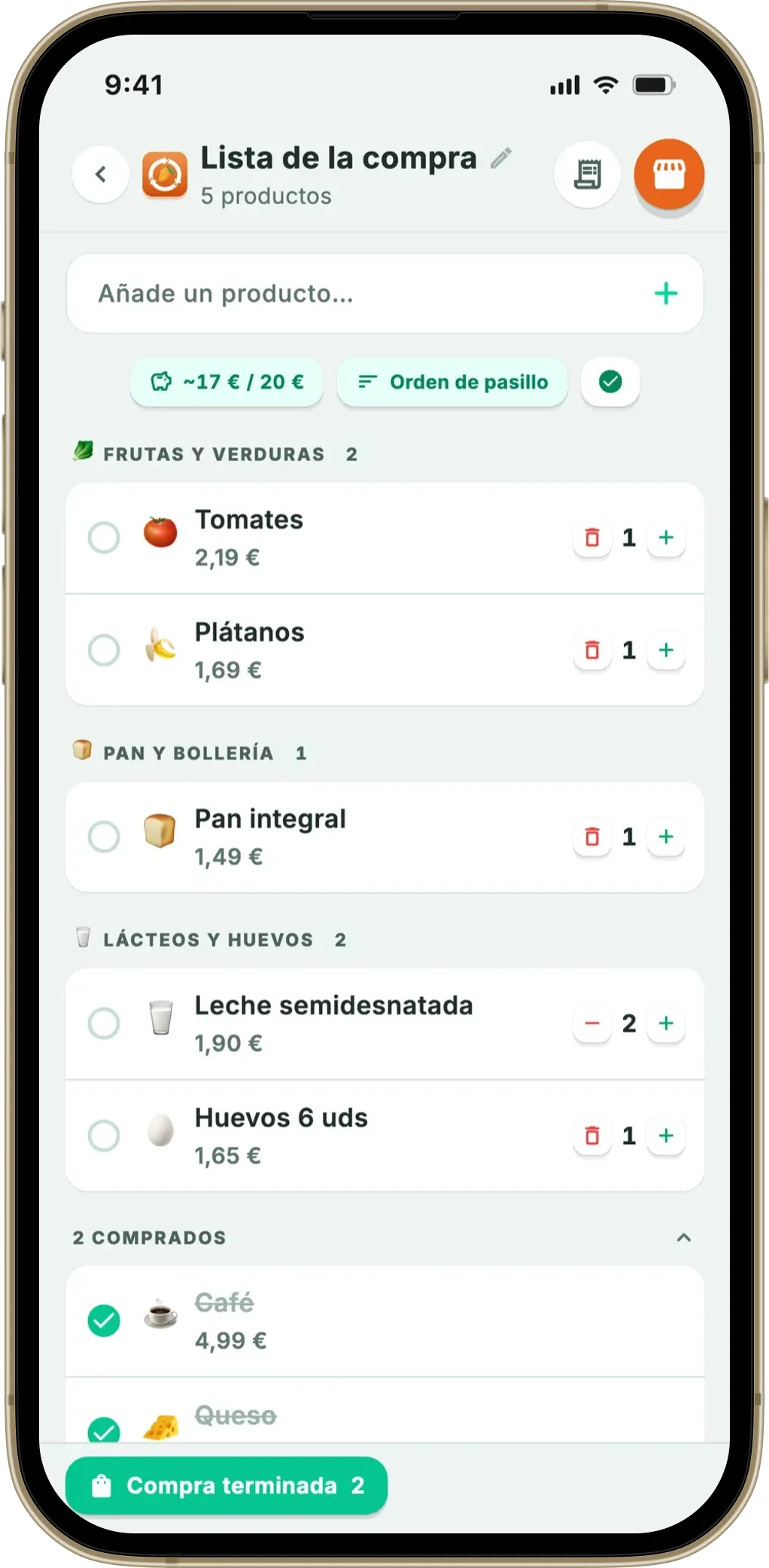 Lista de la compra de Fango por secciones, con presupuesto
