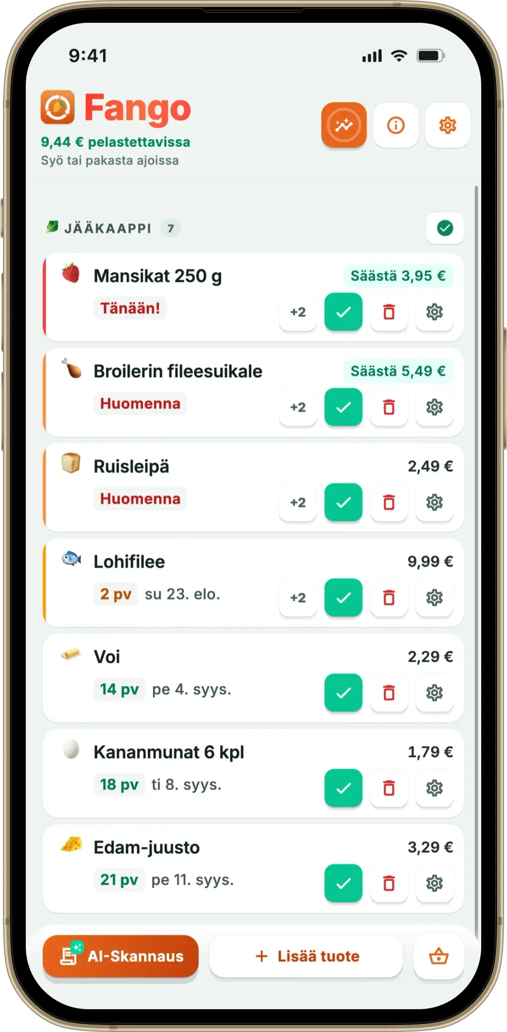 Fangon jääkaappinäkymä vanhenemisjärjestyksessä
