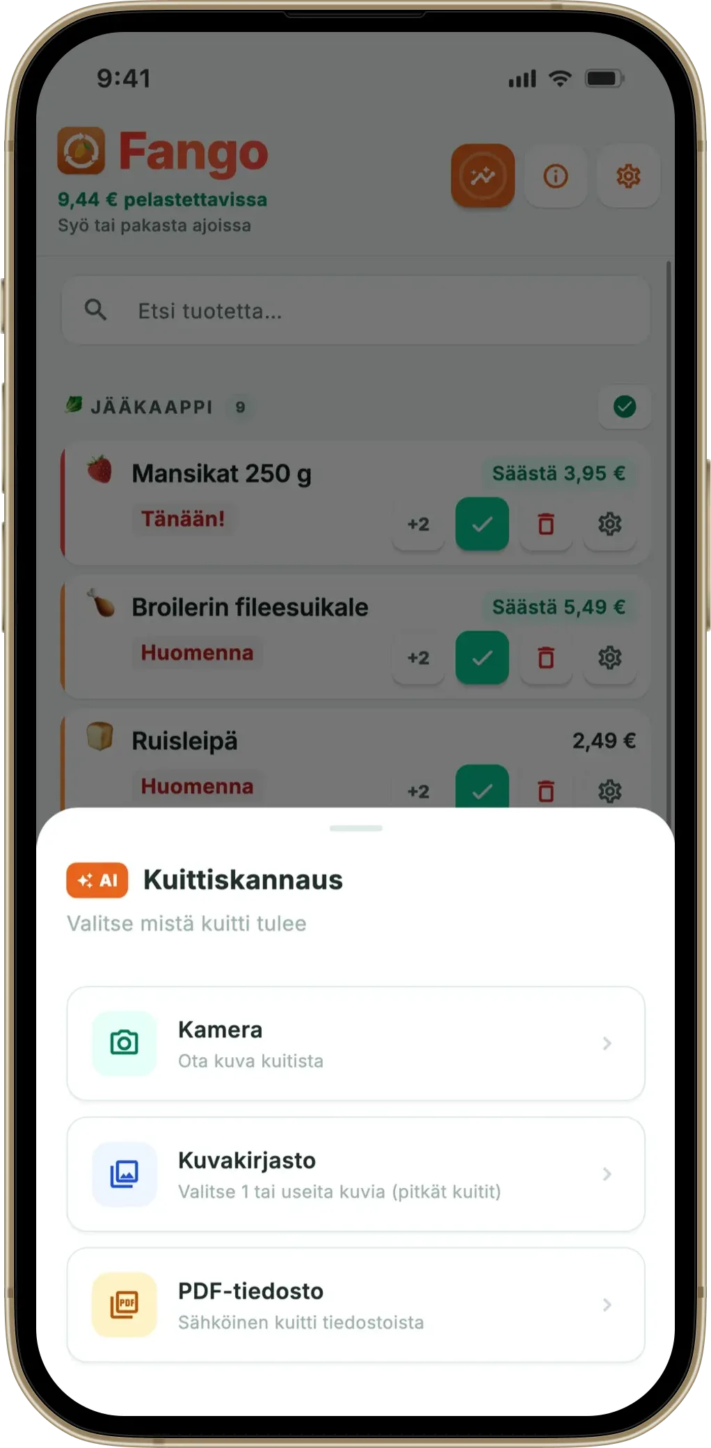 Fangon kuittiskannaus: kamera, kuvakirjasto tai PDF