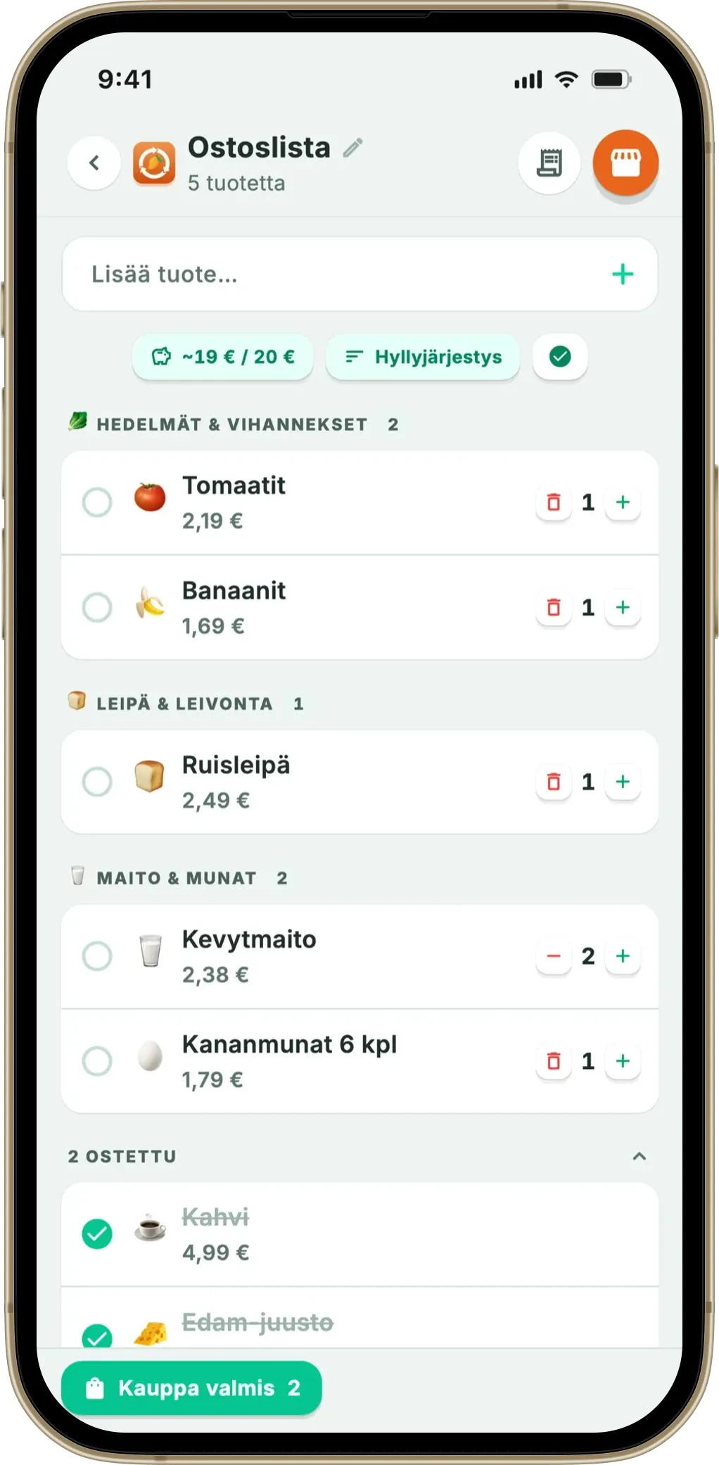 Fangon ostoslista osastoittain ja budjetti
