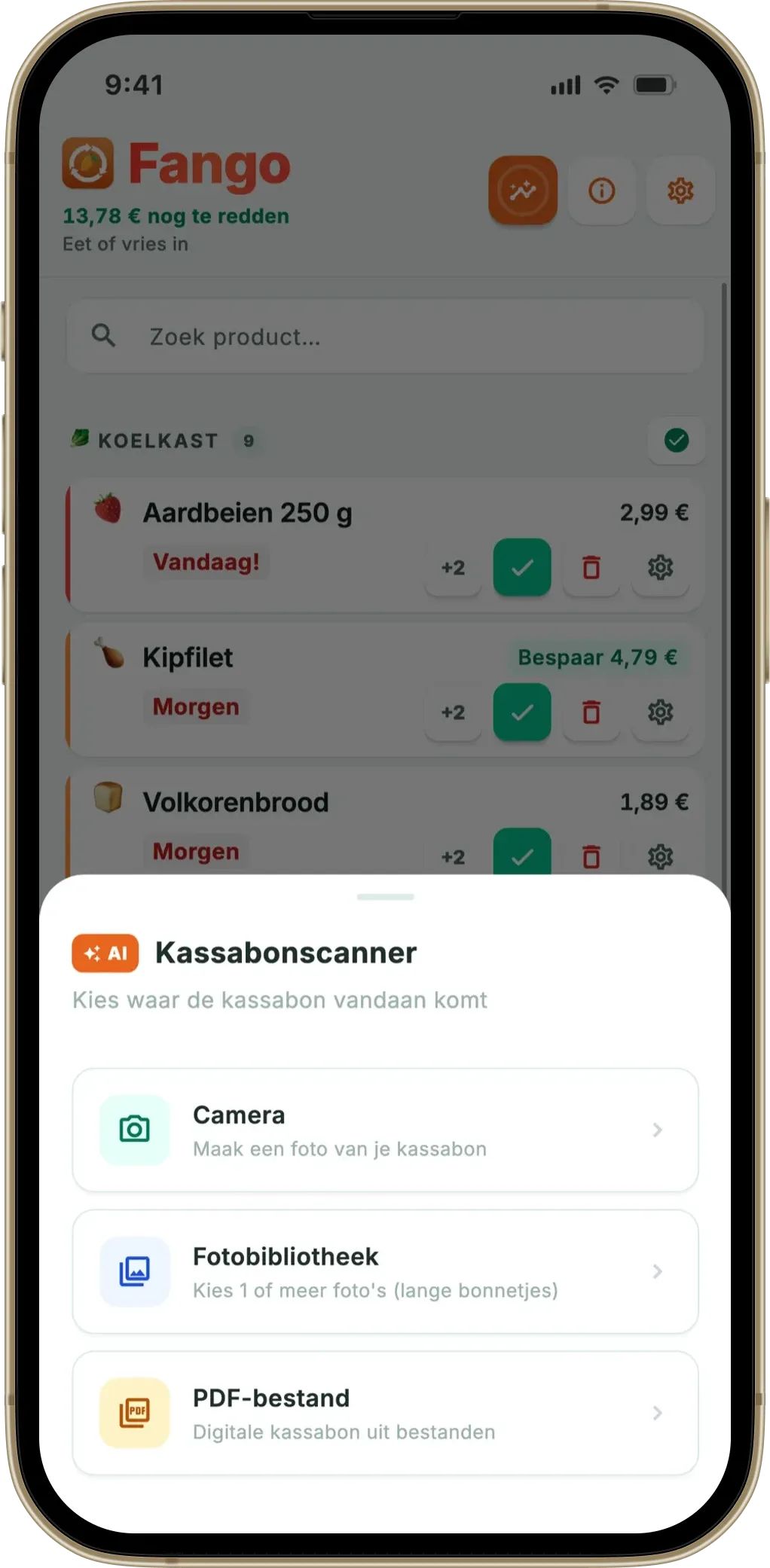 Fango kassabon scannen: camera, fotobibliotheek of PDF