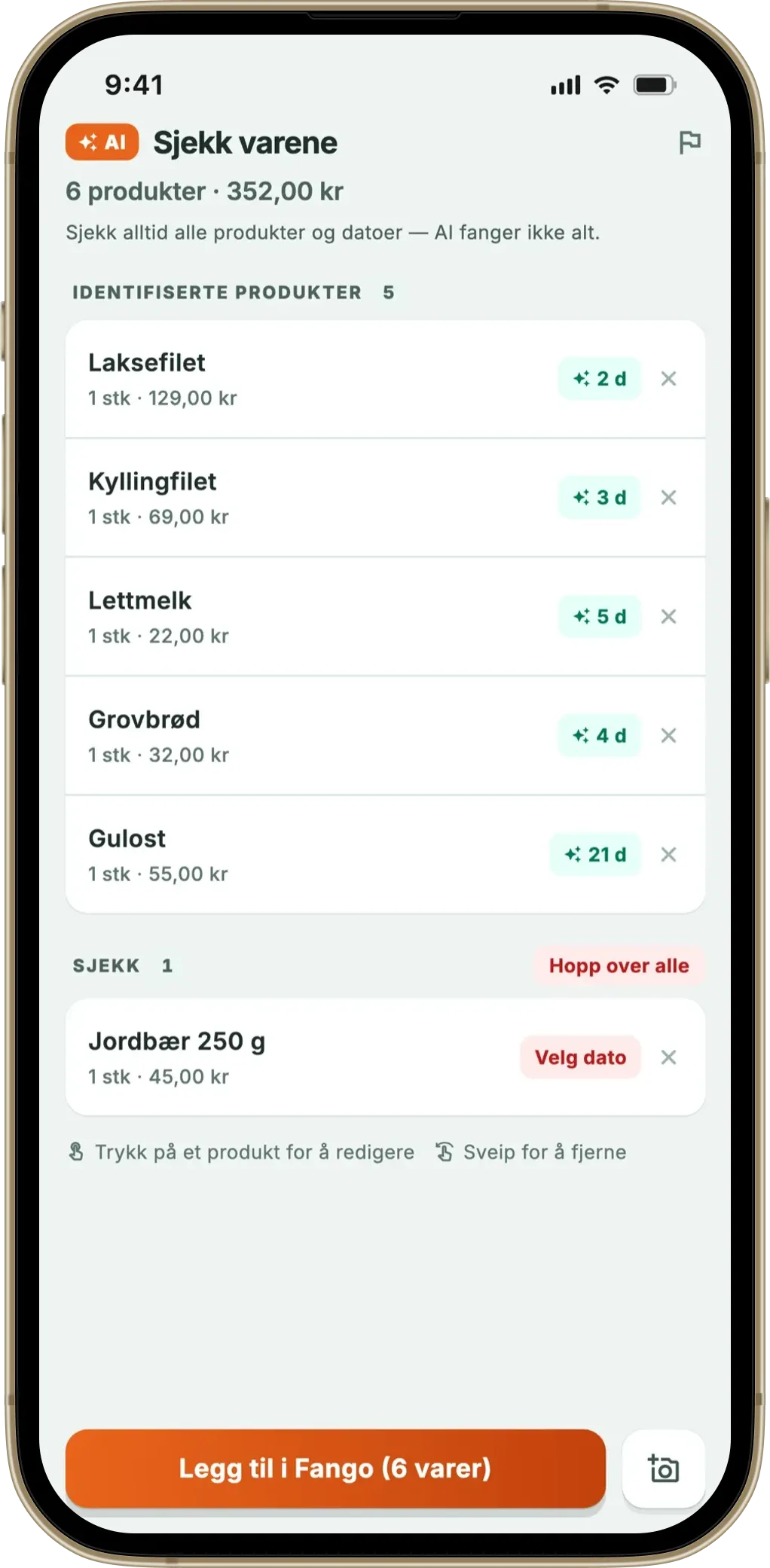 Fangos kvitteringskontroll: gjenkjente varer og anslåtte dager