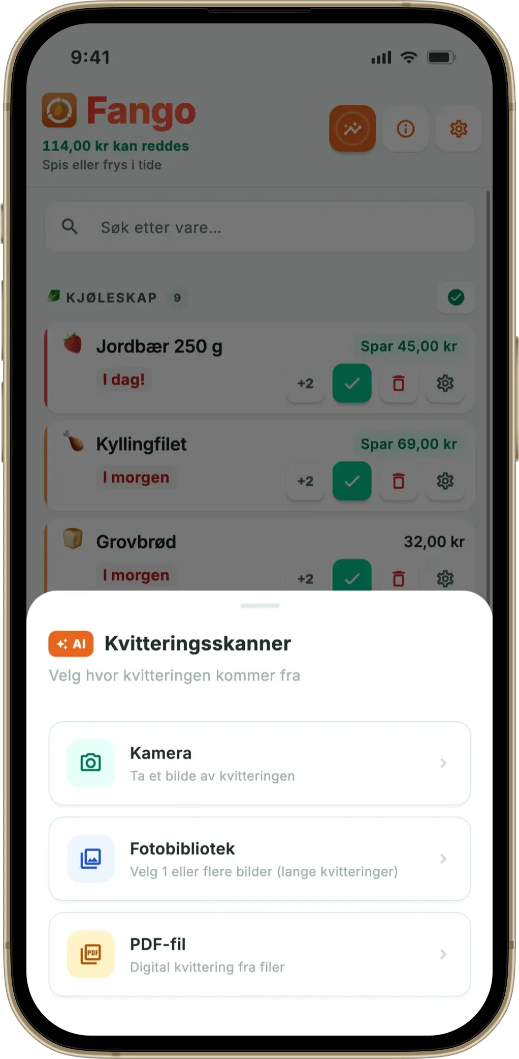 Fangos kvitteringsskanning: kamera, bildebibliotek eller PDF