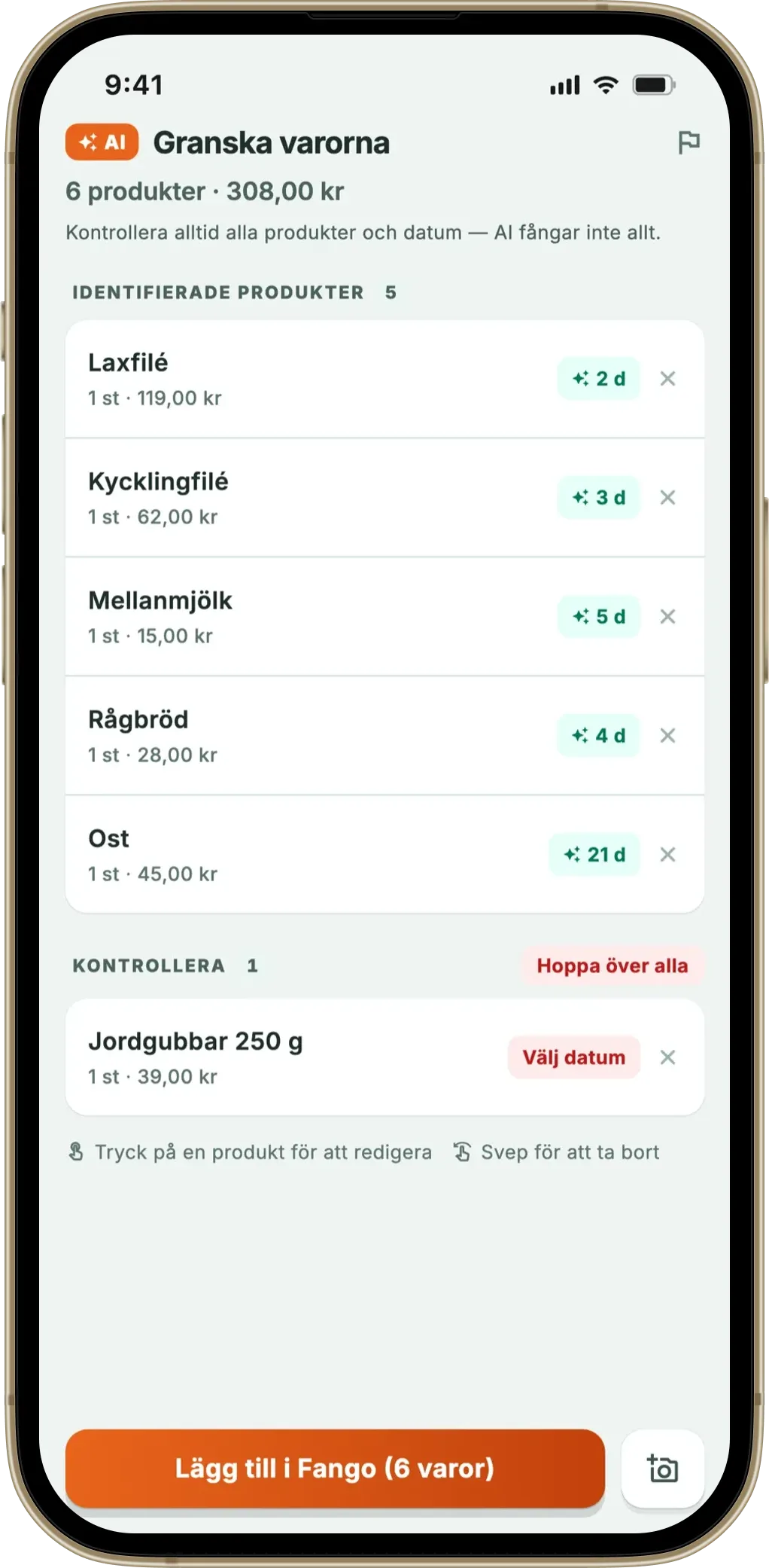 Fangos kvittokontroll: igenkända varor och uppskattade dagar