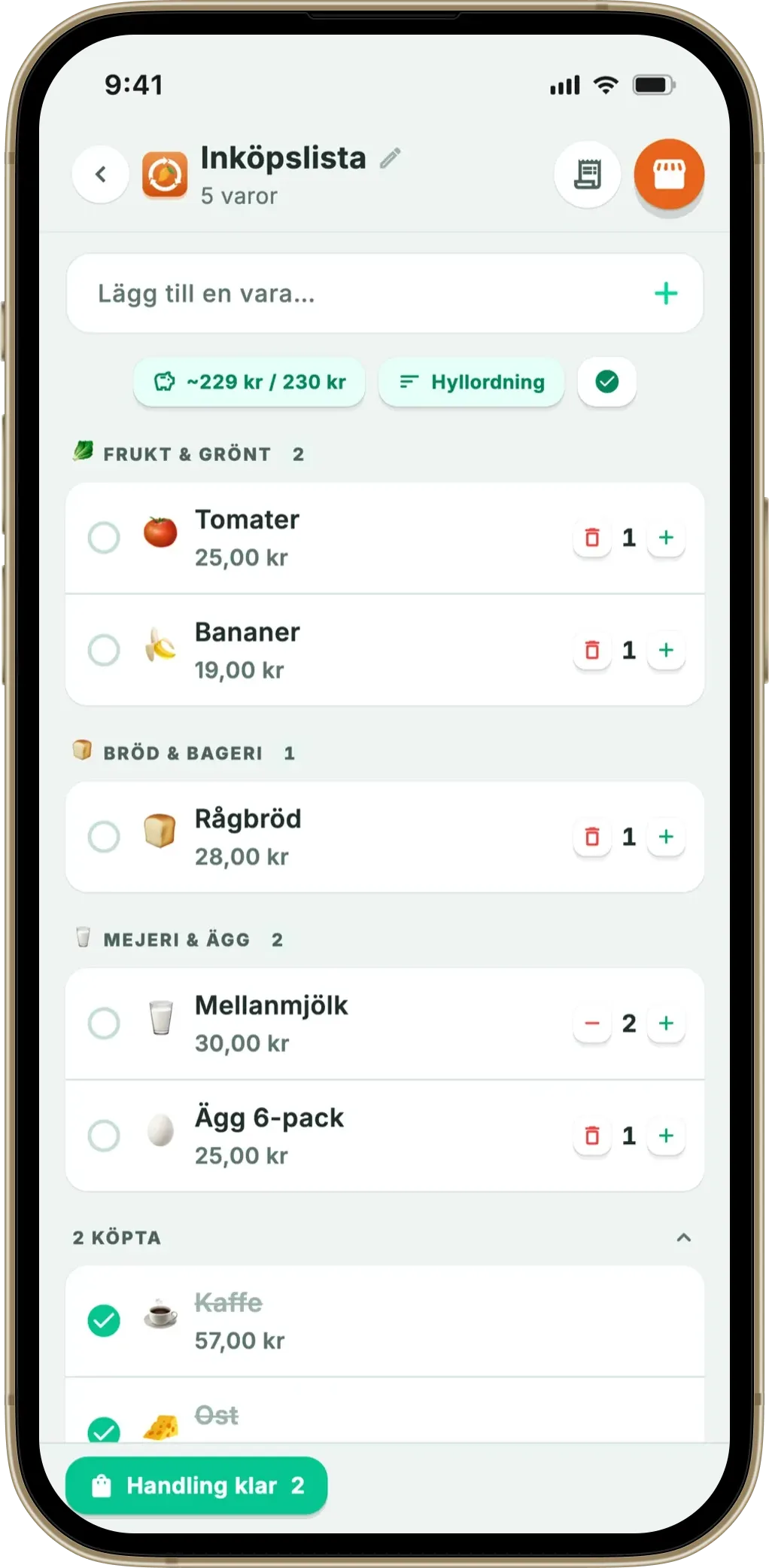 Fangos inköpslista efter avdelning, med budget