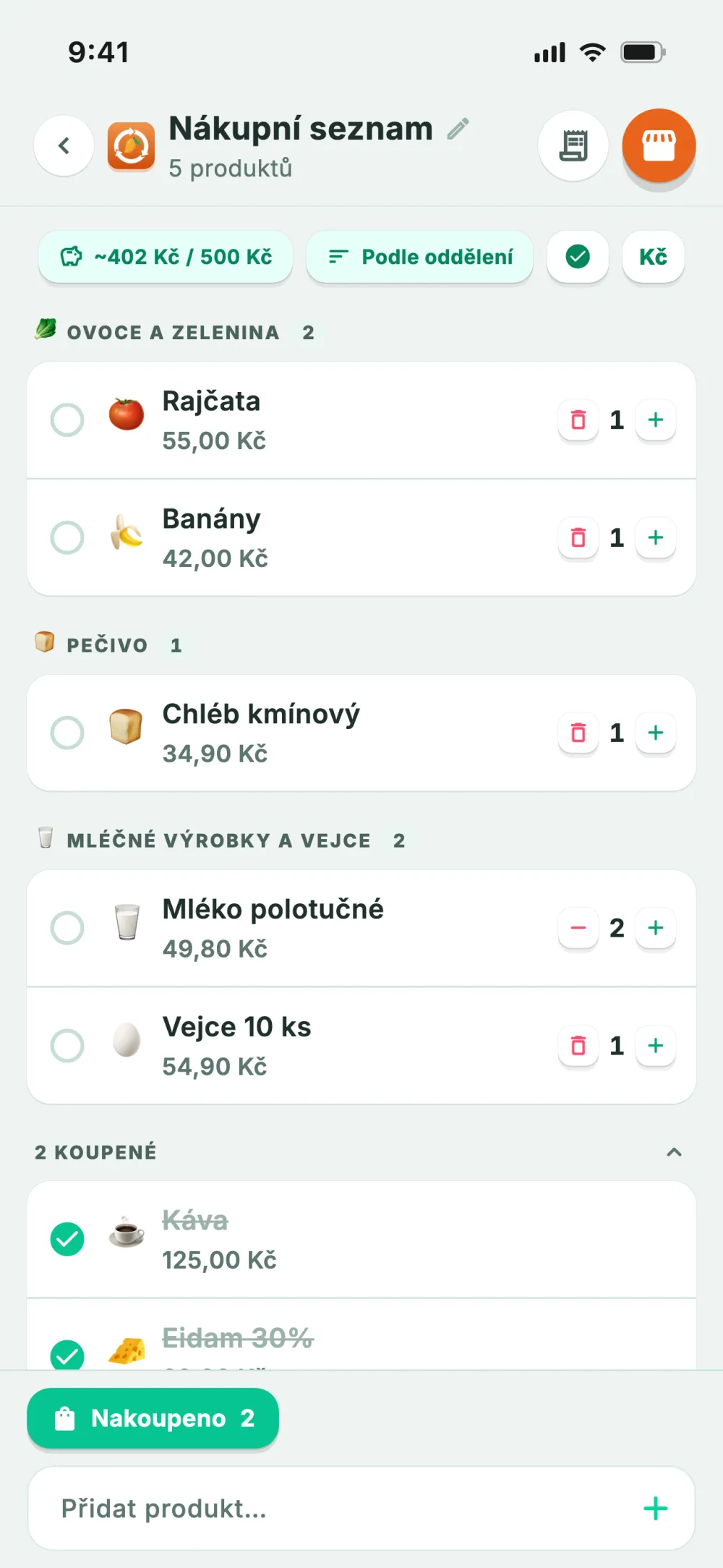 Nákupní seznam rozdělený podle oddělení v pořadí, v jakém jdou v obchodě