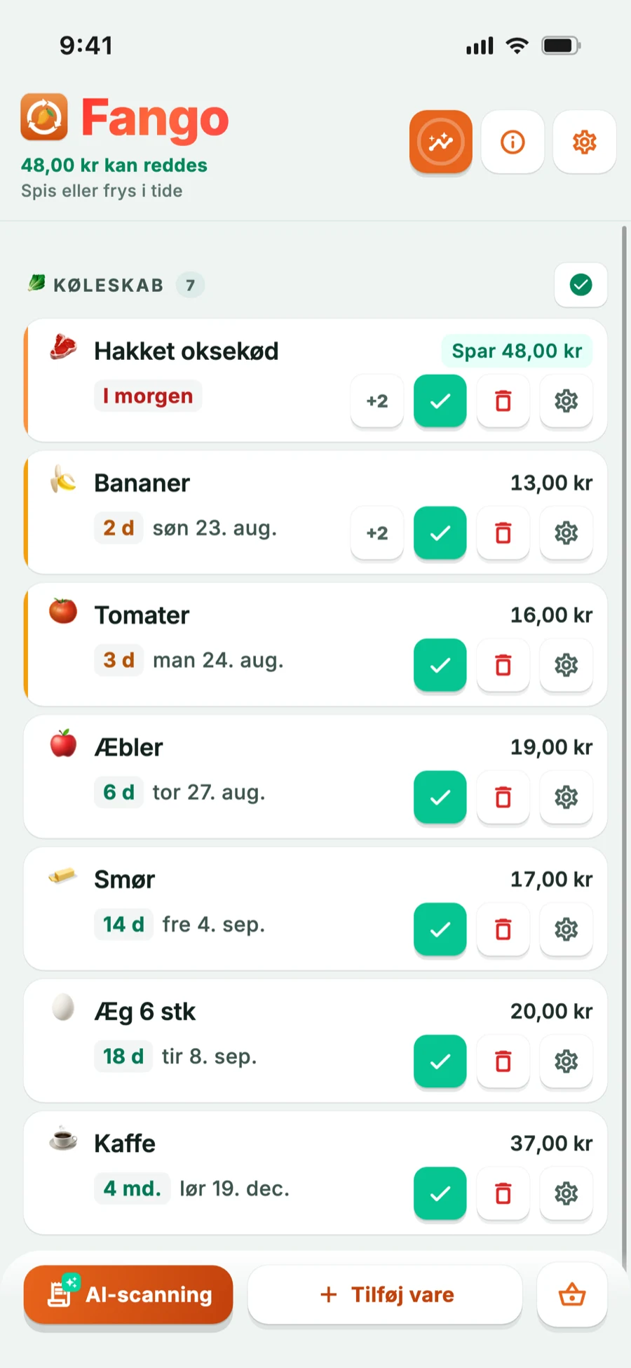 Køleskabsvisning, hvor varer tæt på udløb er farvemarkeret