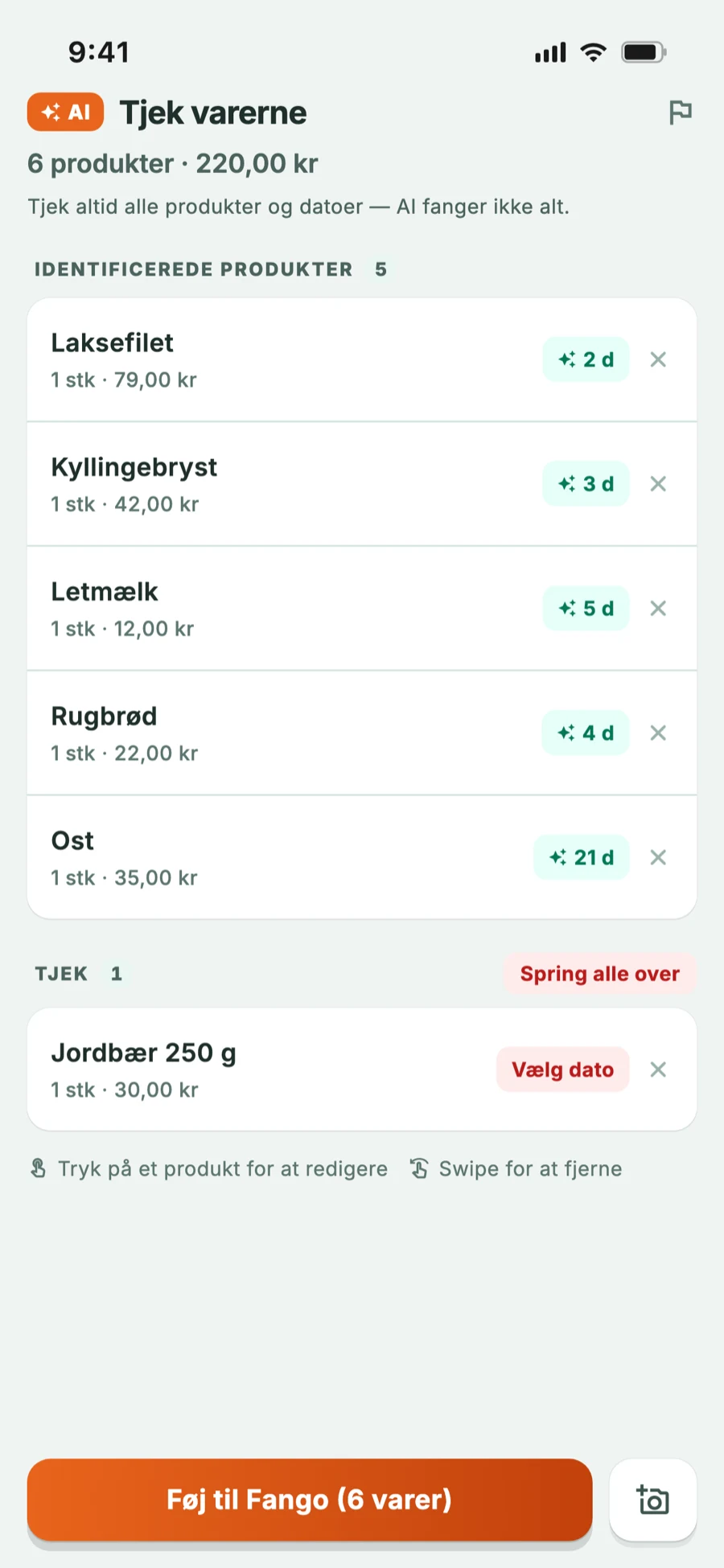 Kvitteringsgennemgang: AI har genkendt varerne og vurderet holdbarheden