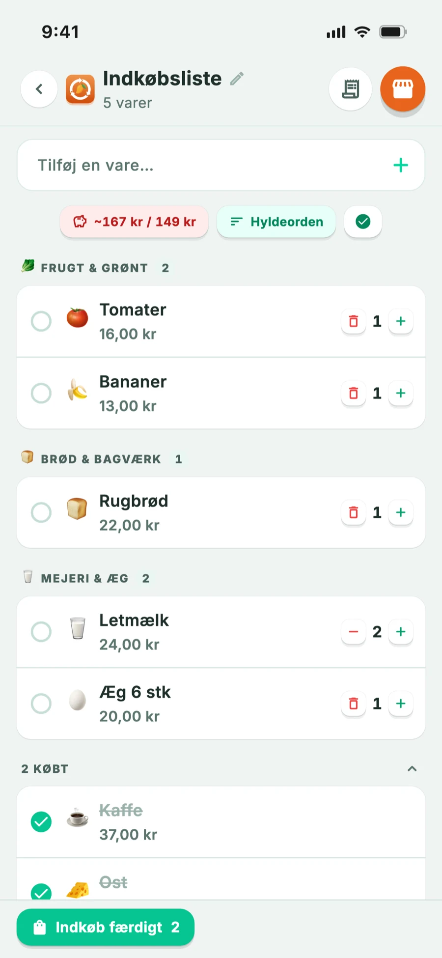Indkøbsliste inddelt i afdelinger i butiksrækkefølge