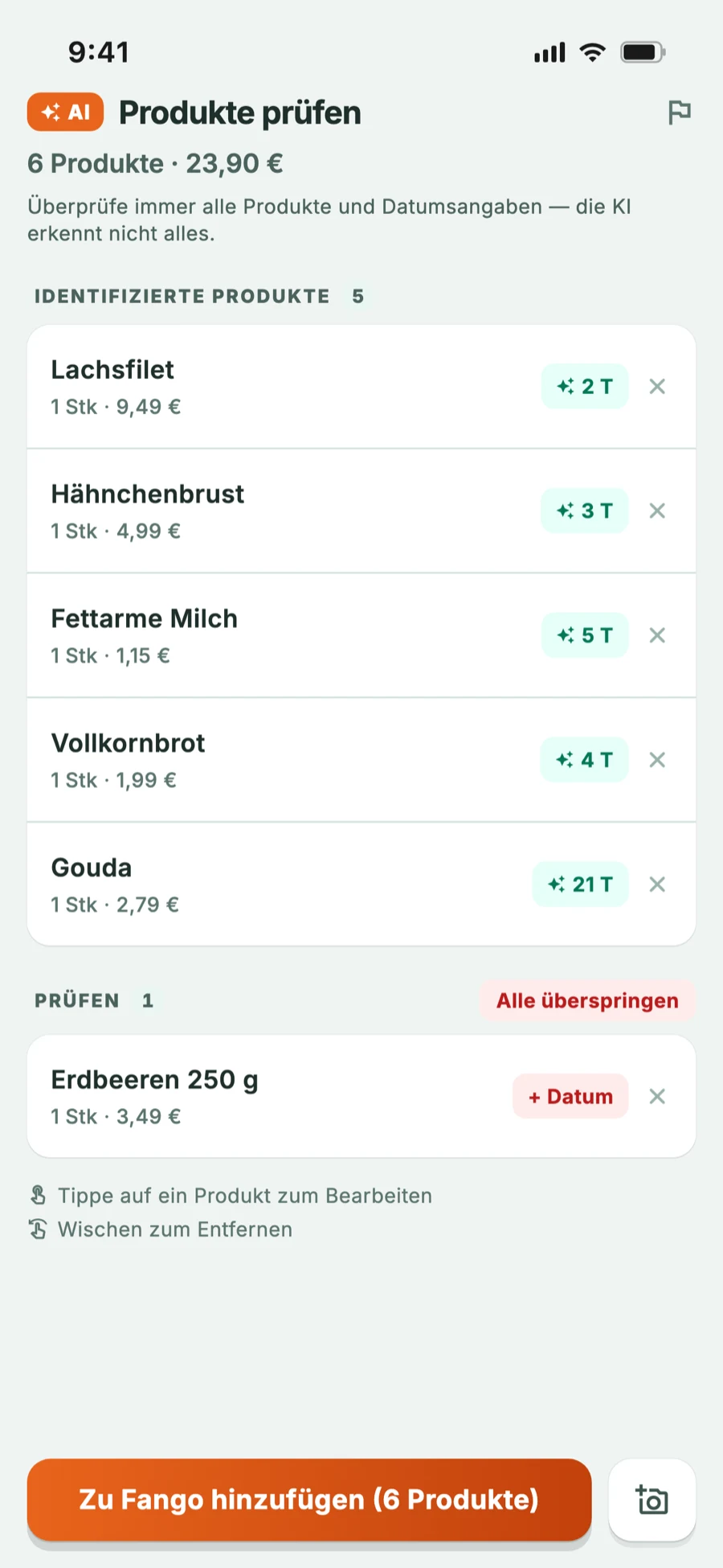 Belegprüfung: Die KI hat die Produkte erkannt und die Haltbarkeit geschätzt