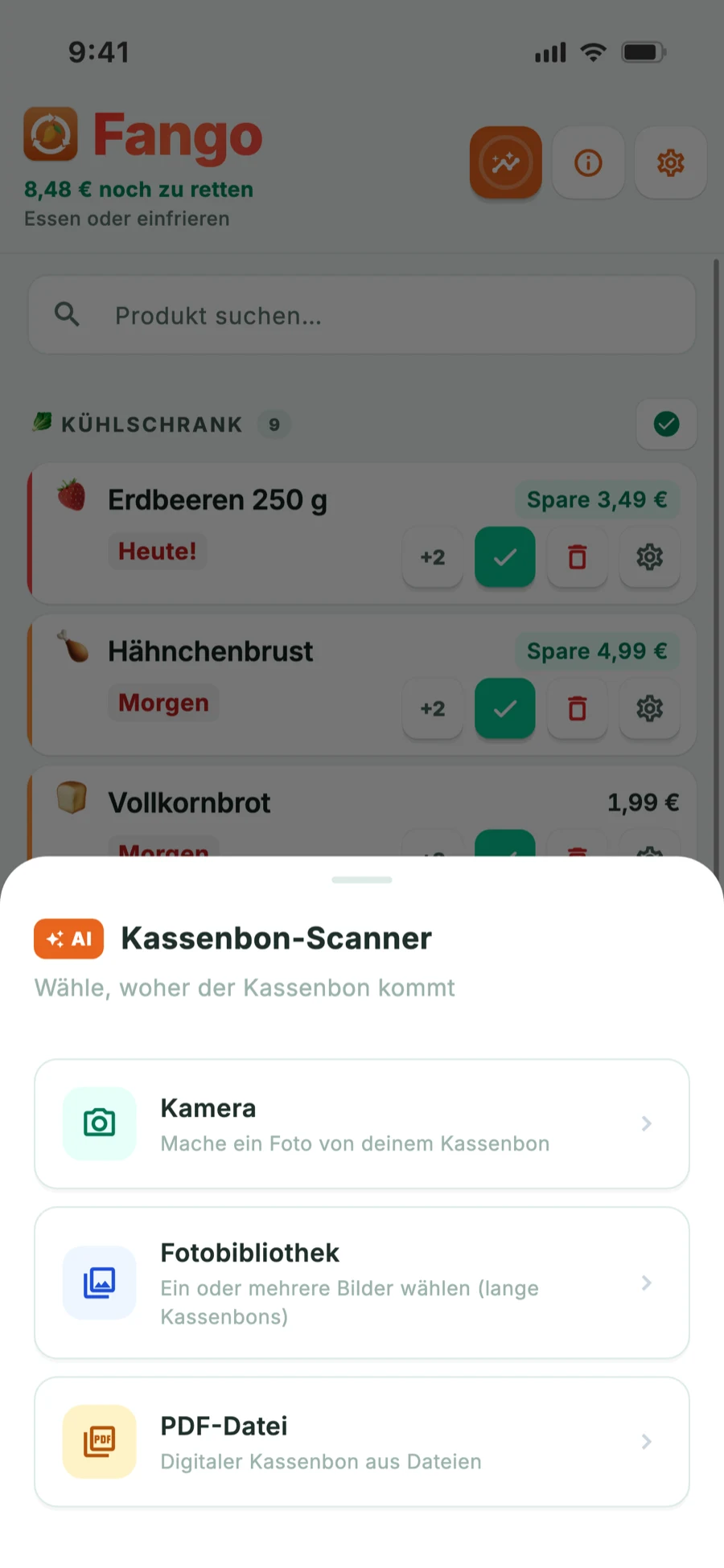Scan-Quellen: Kamera, Fotomediathek und PDF-Datei