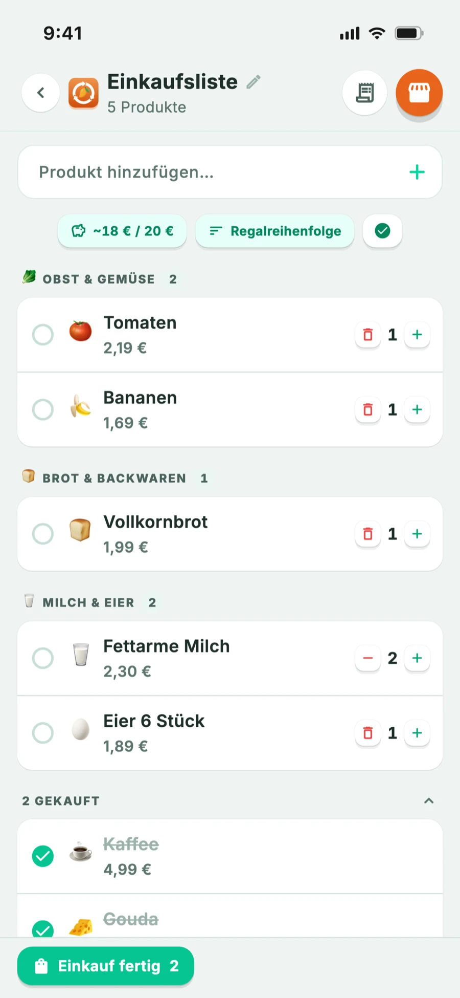Einkaufsliste nach Abteilungen in Ladenreihenfolge sortiert