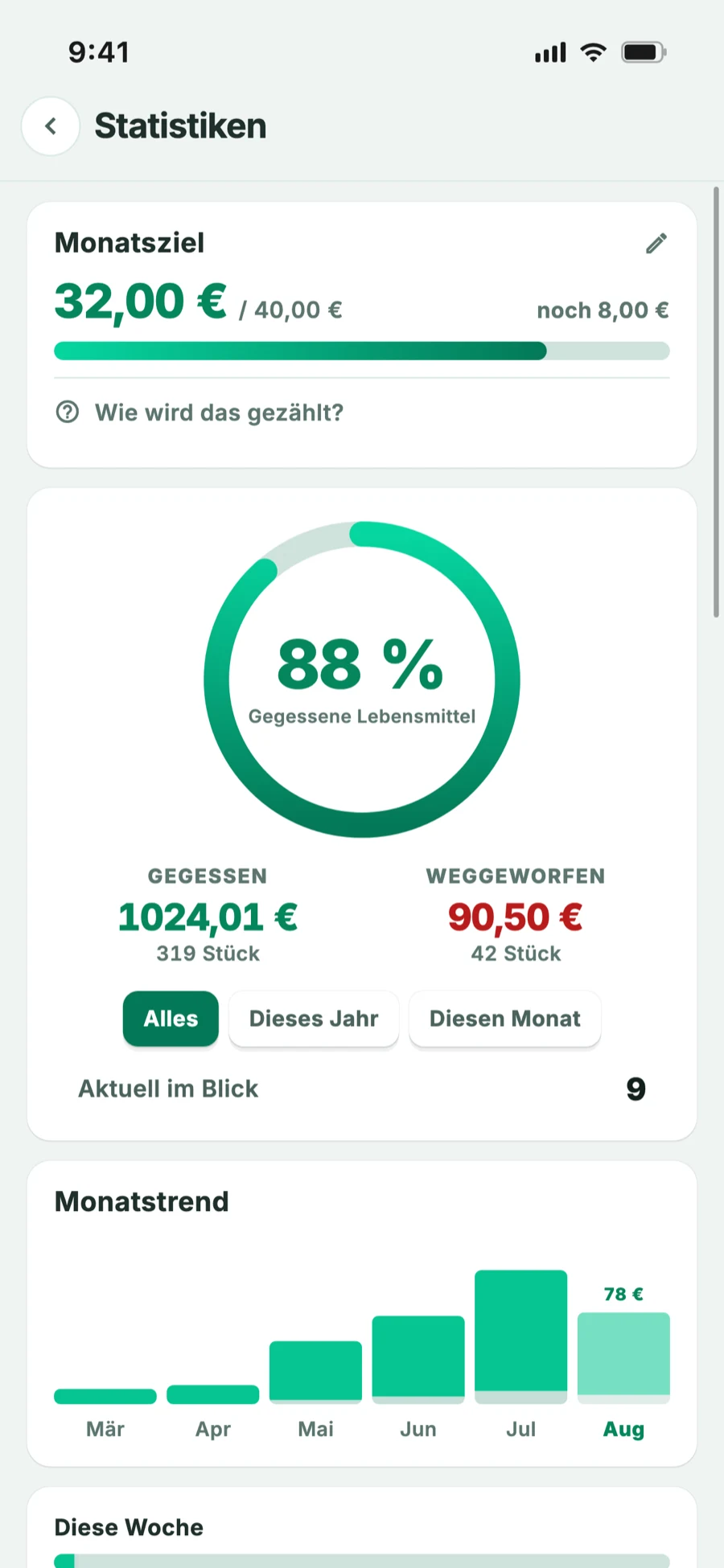 Statistikansicht: Monatsziel und gespartes Geld