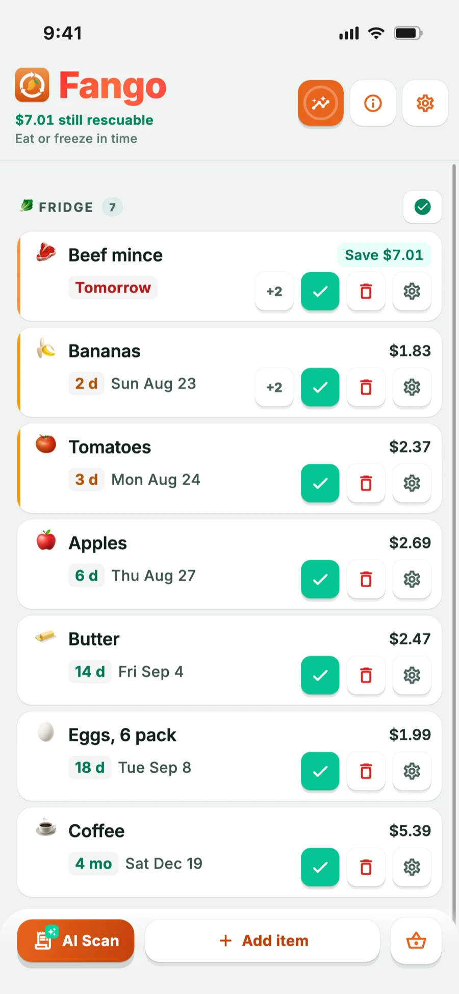 Fridge list where expiring items are marked by colour
