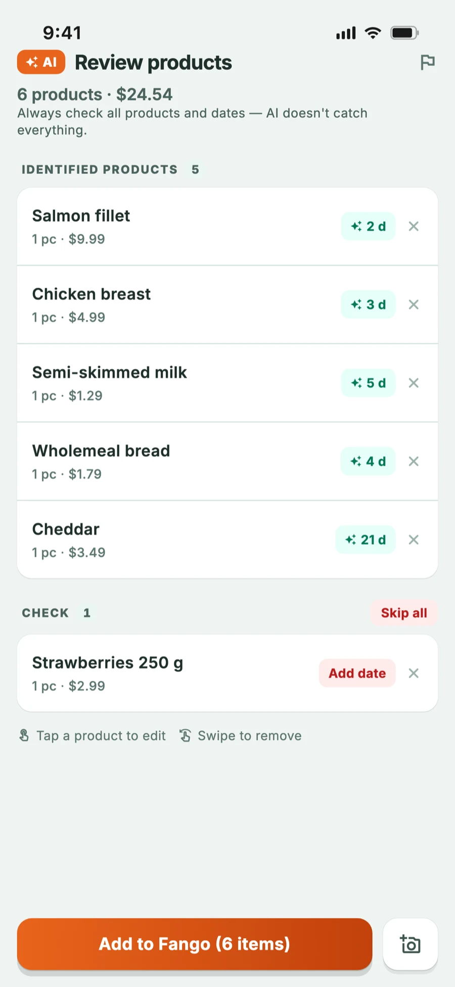 Receipt review: AI has recognised the items and estimated their shelf life