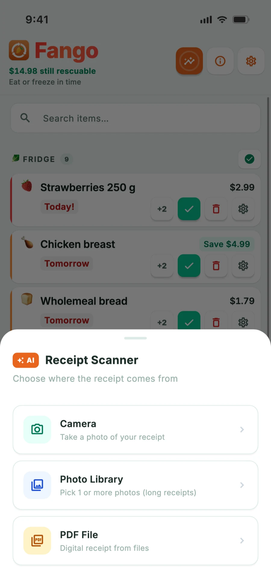 Scan sources: camera, photo library and PDF file