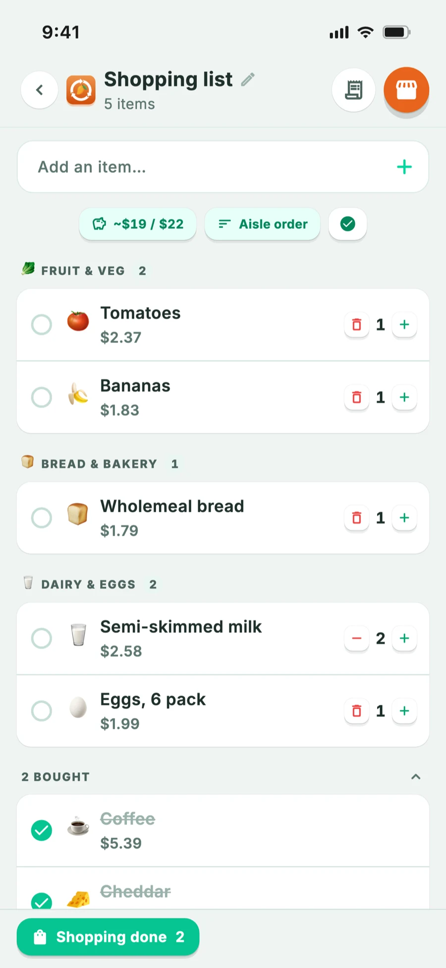 Shopping list grouped into aisles in store order