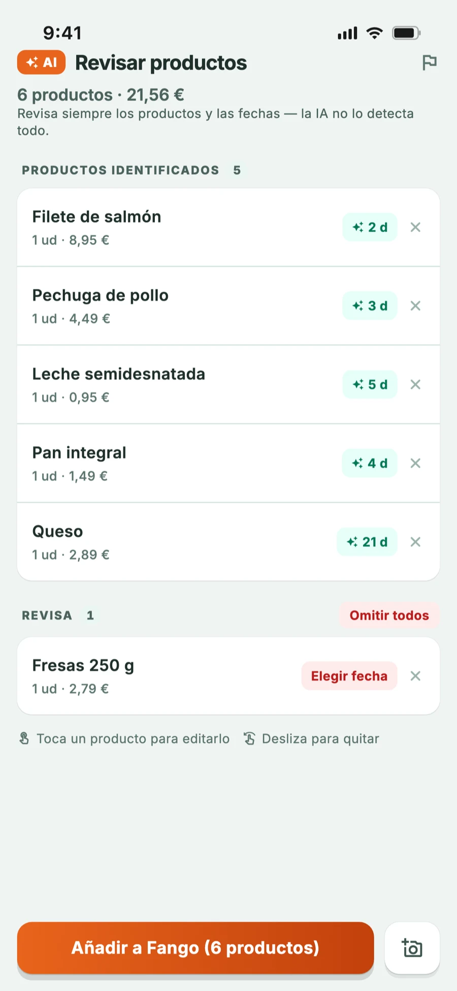 Revisión del ticket: la IA ha reconocido los productos y calculado su caducidad