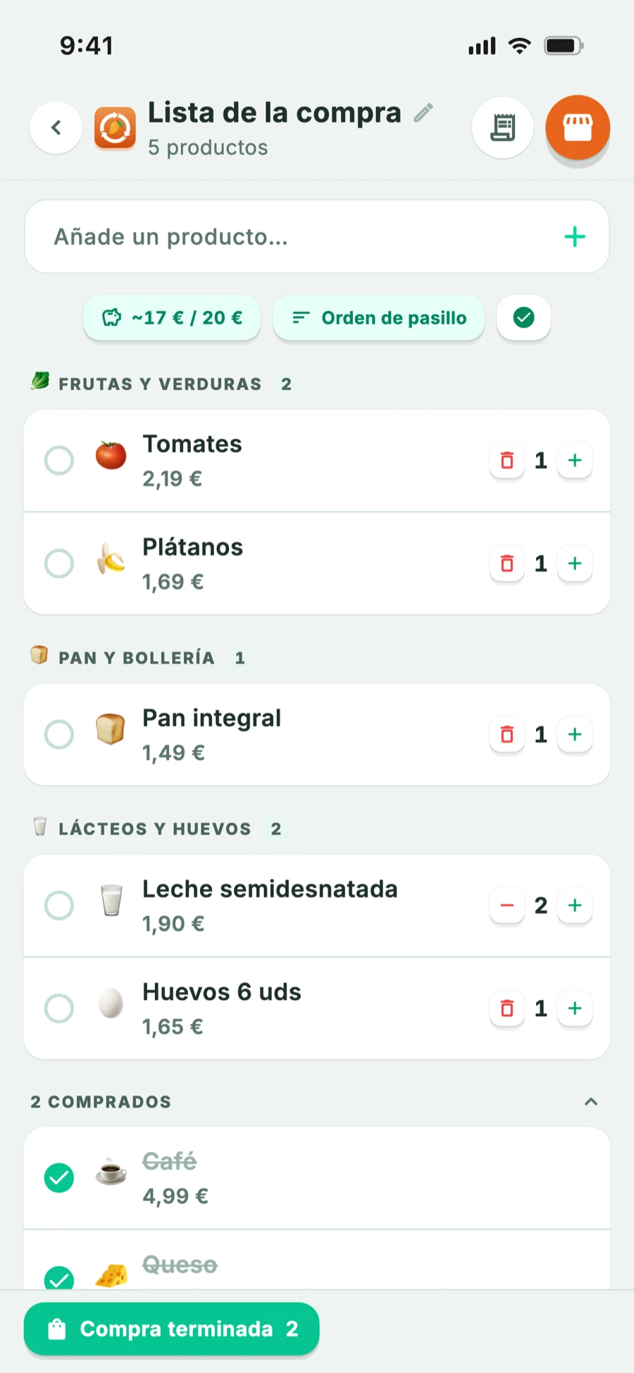 Lista de la compra dividida en secciones según el recorrido del súper