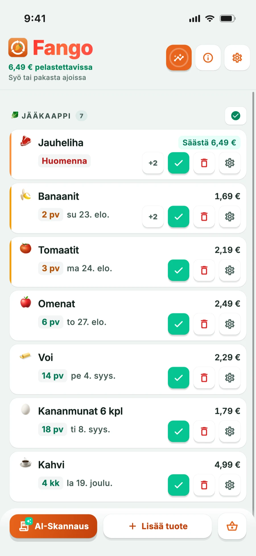 Jääkaappilista, jossa vanhenevat tuotteet on merkitty värillä