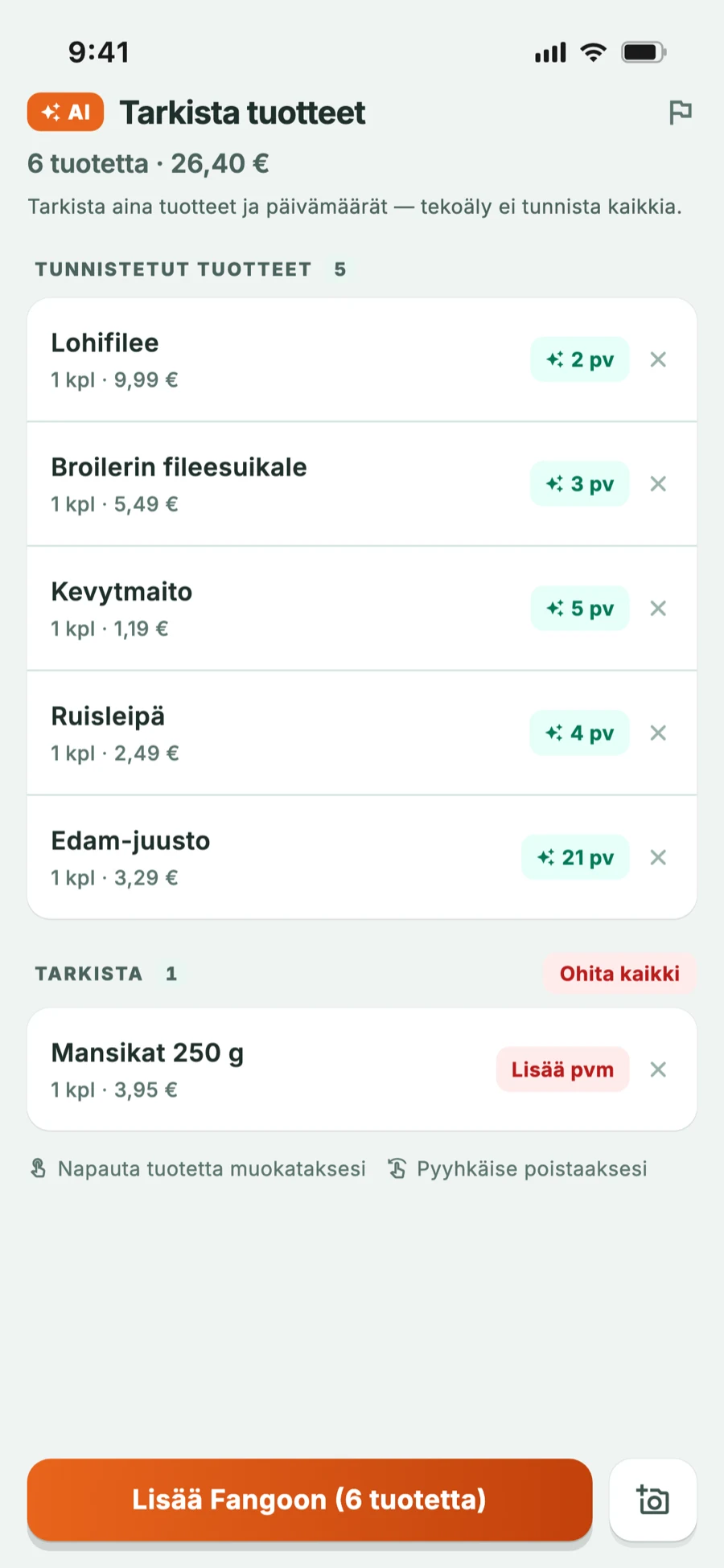 Kuitin tarkistusnäkymä: AI on tunnistanut tuotteet ja arvioinut säilyvyyden