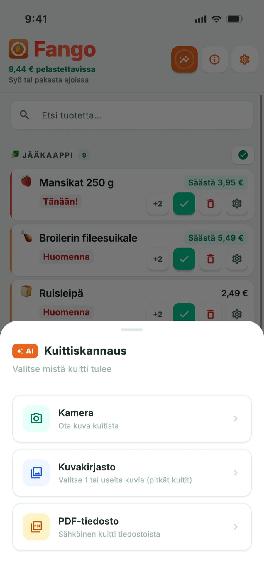 Skannauksen lähteet: kamera, kuvakirjasto ja PDF-tiedosto