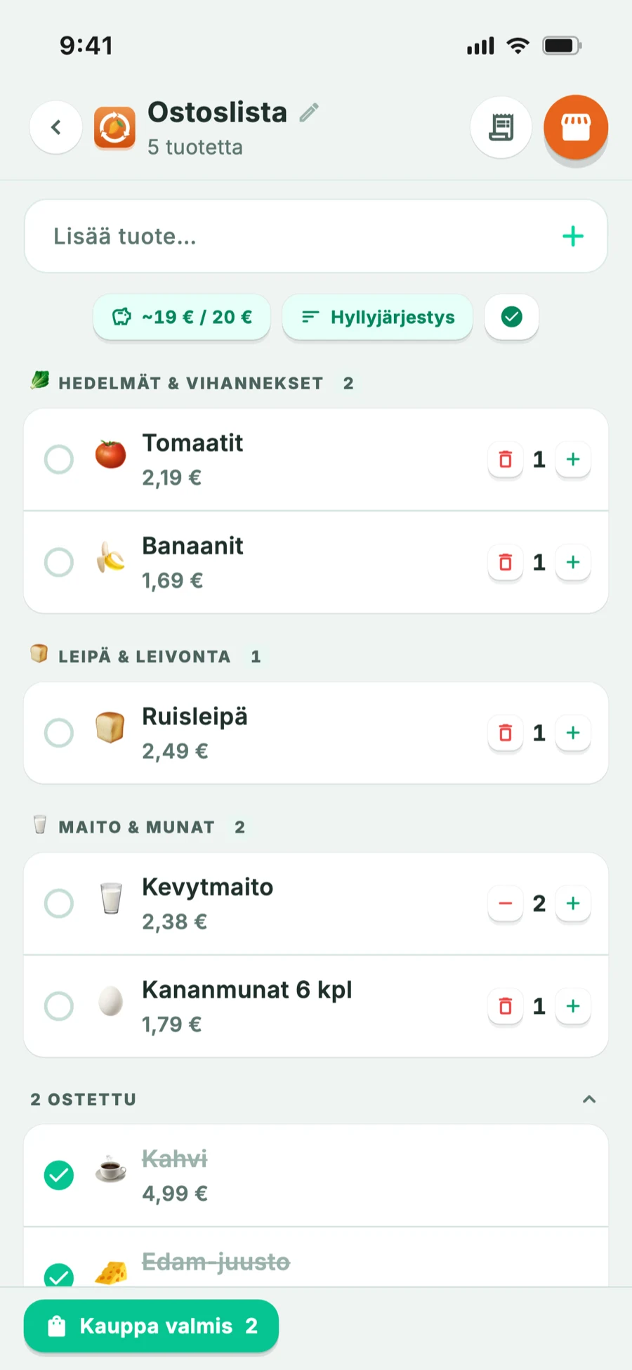 Ostoslista jaettuna osastoihin kaupan kulkujärjestyksessä