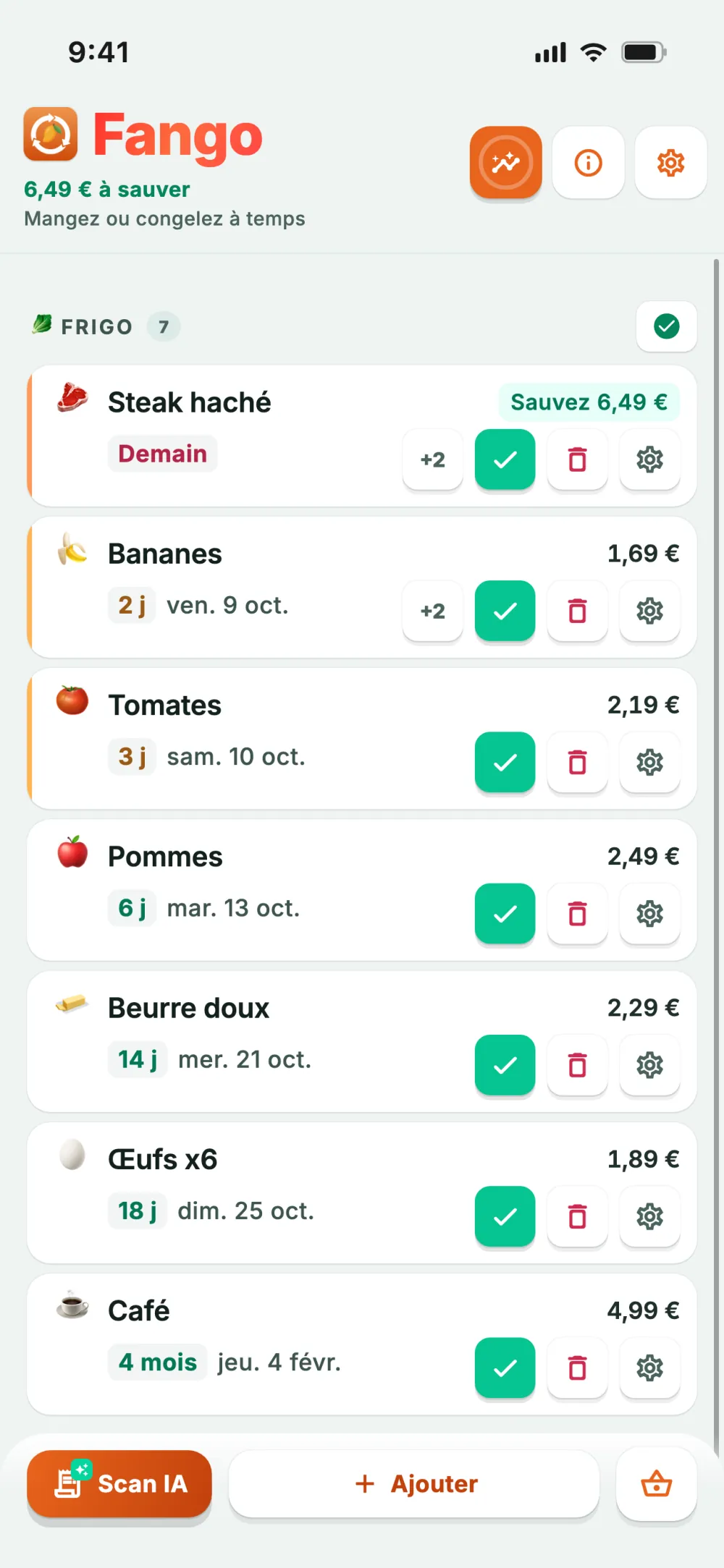 Liste du frigo où les produits à consommer en priorité sont signalés par une couleur