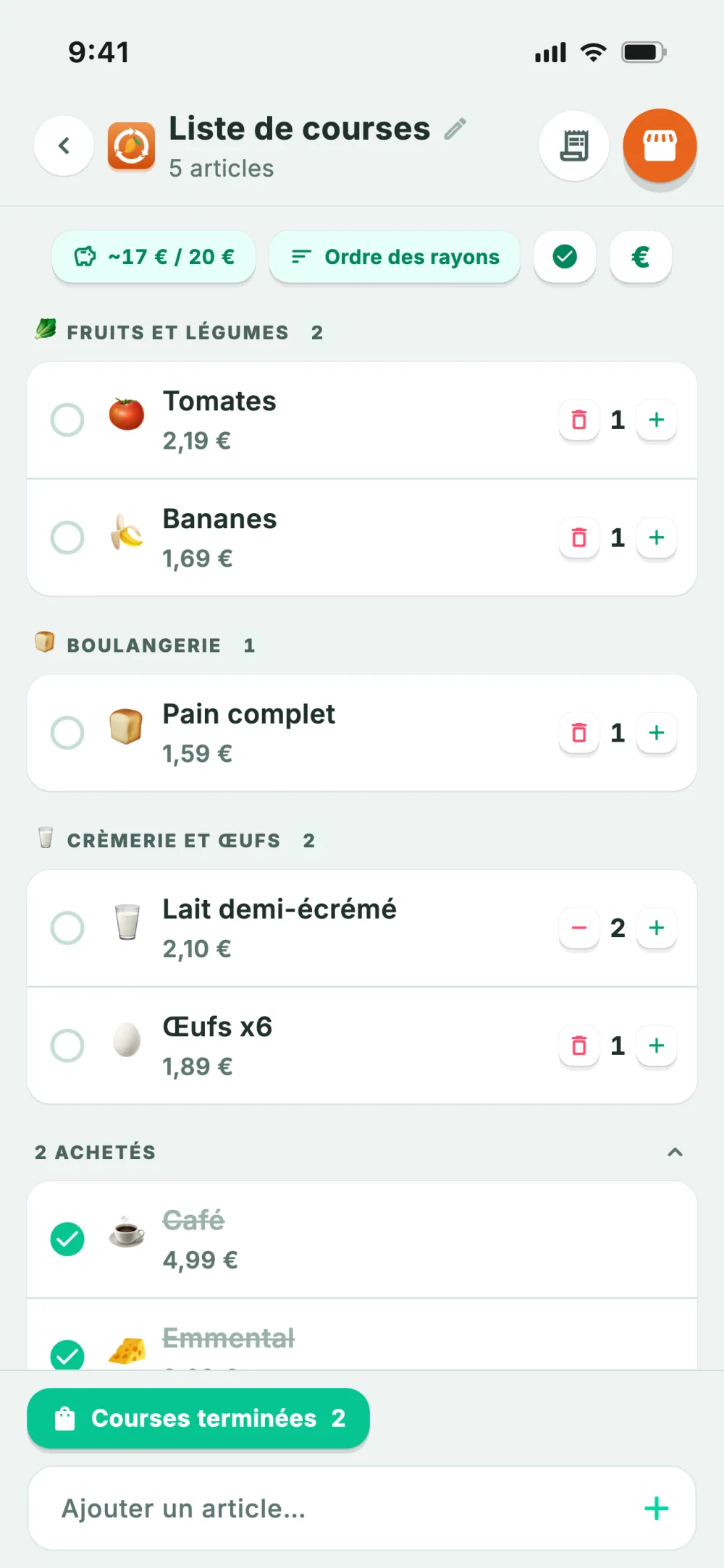 Liste de courses classée par rayons dans l’ordre du magasin