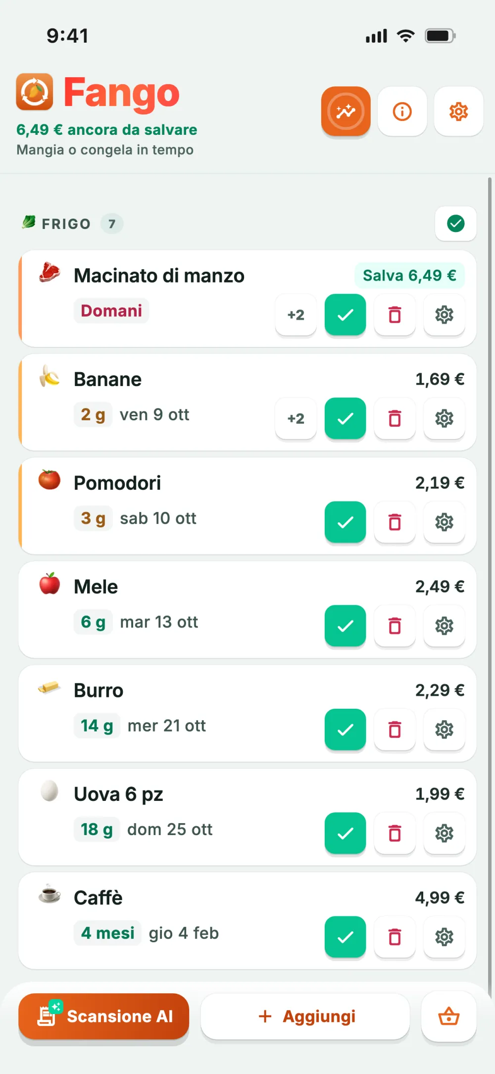Elenco del frigo con i prodotti da consumare presto evidenziati per colore