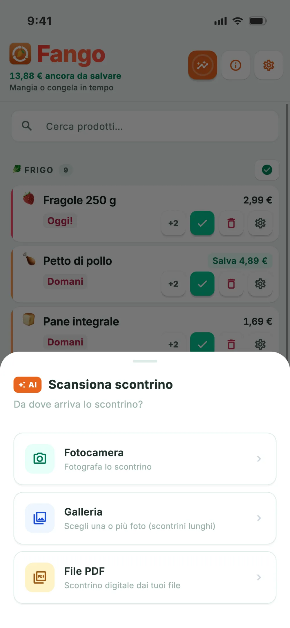 Fonti di scansione: fotocamera, libreria foto e file PDF