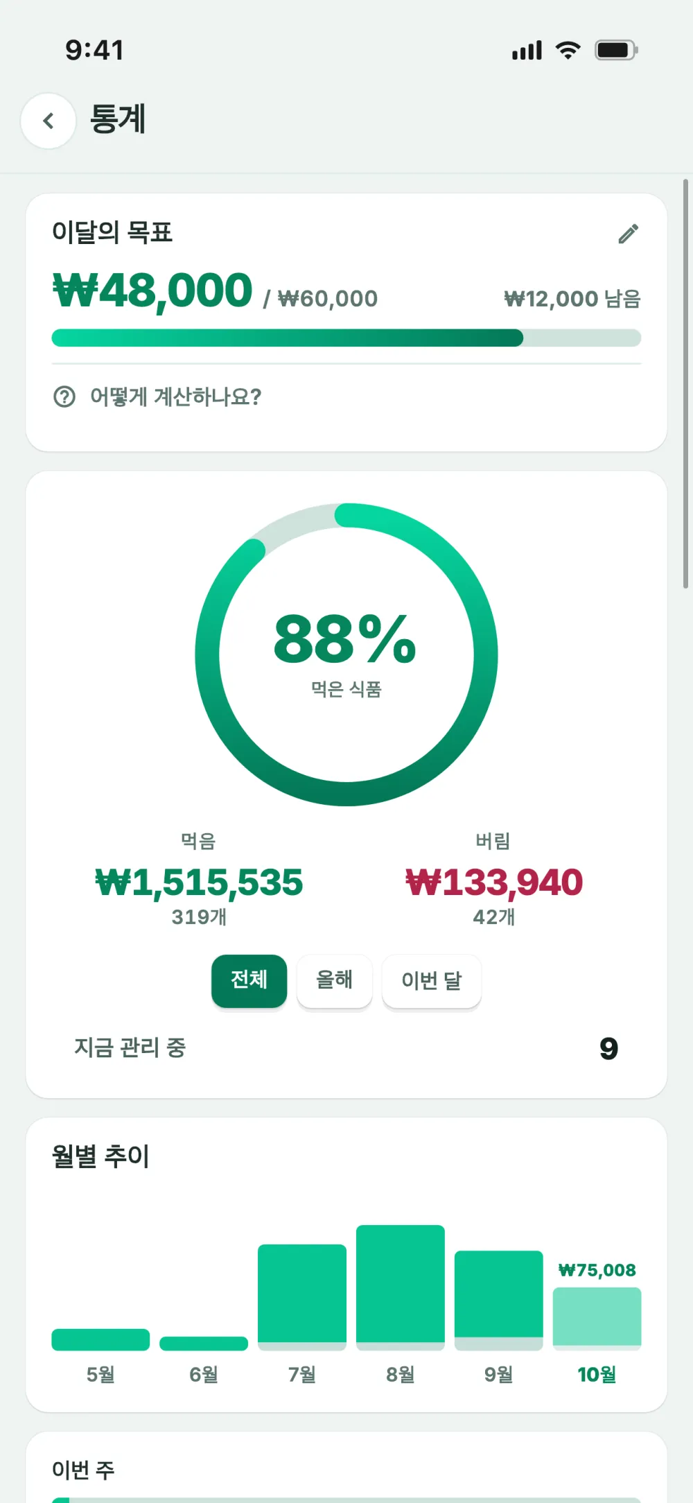 통계 화면: 이달의 목표와 아낀 금액
