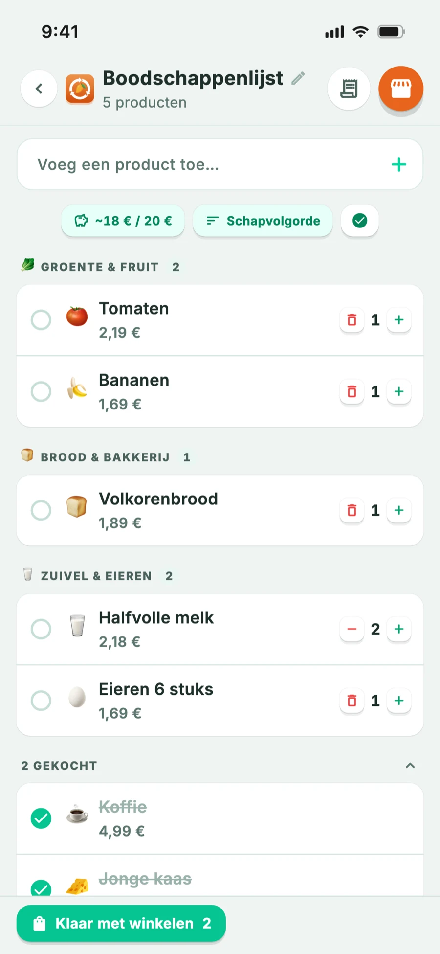 Boodschappenlijst ingedeeld in schappen op winkelvolgorde
