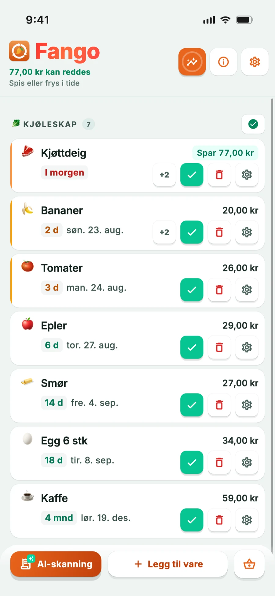 Kjøleskapsvisning der varer som snart går ut er fargemerket