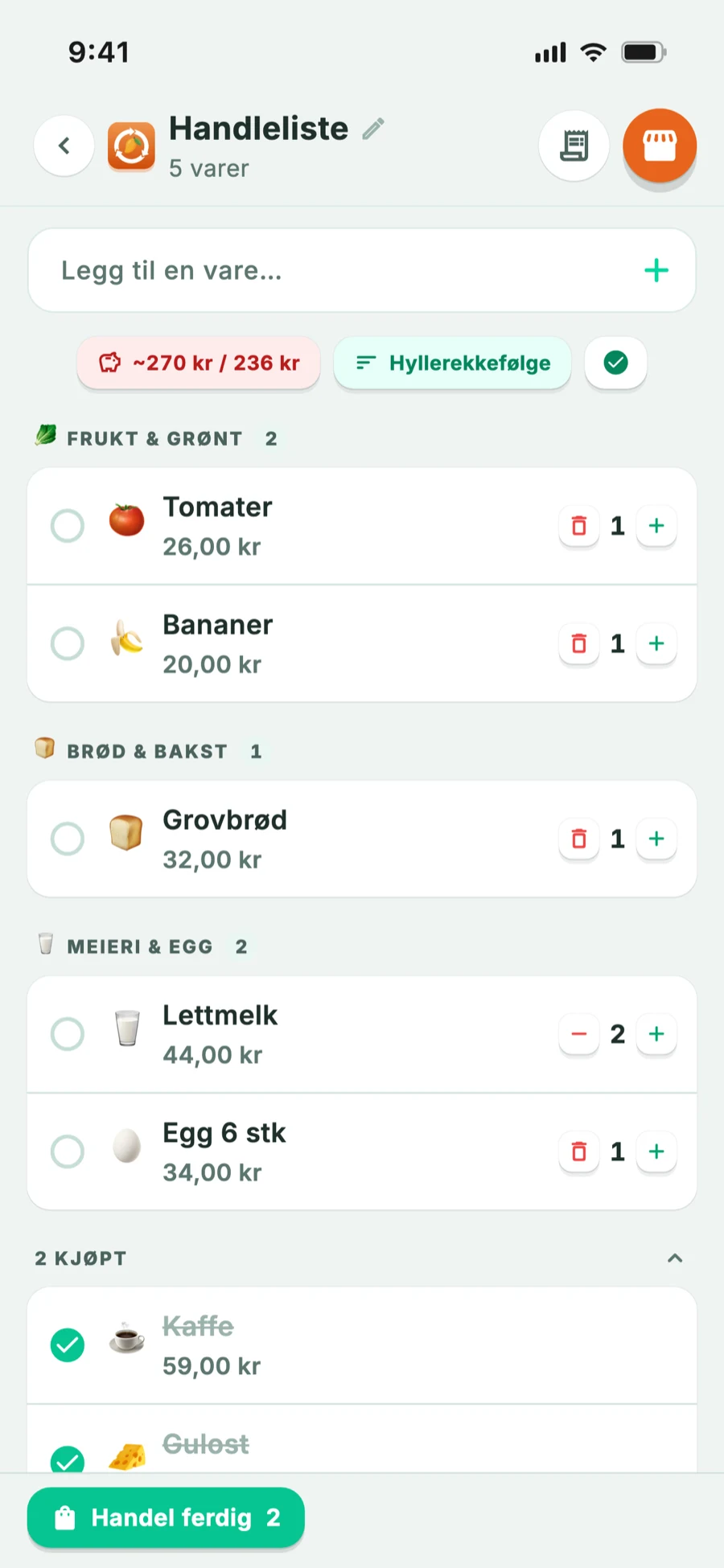Handleliste delt inn i avdelinger i butikkrekkefølge
