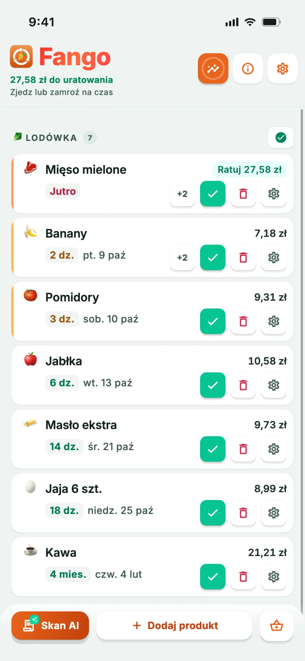 Lista produktów w lodówce, w której kolor pokazuje, co zużyć najpierw