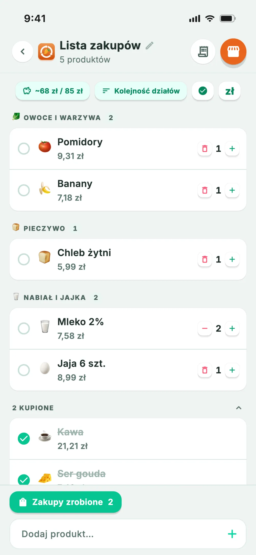 Lista zakupów podzielona na działy w kolejności sklepowej