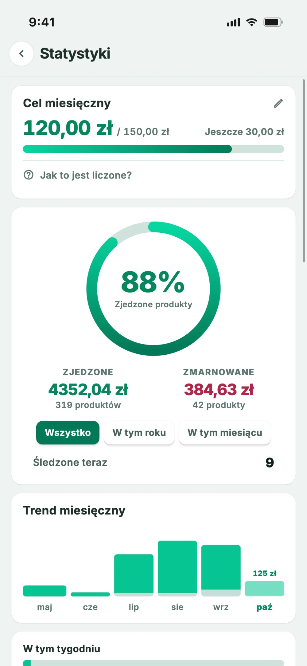 Ekran statystyk: cel miesięczny i zaoszczędzone pieniądze