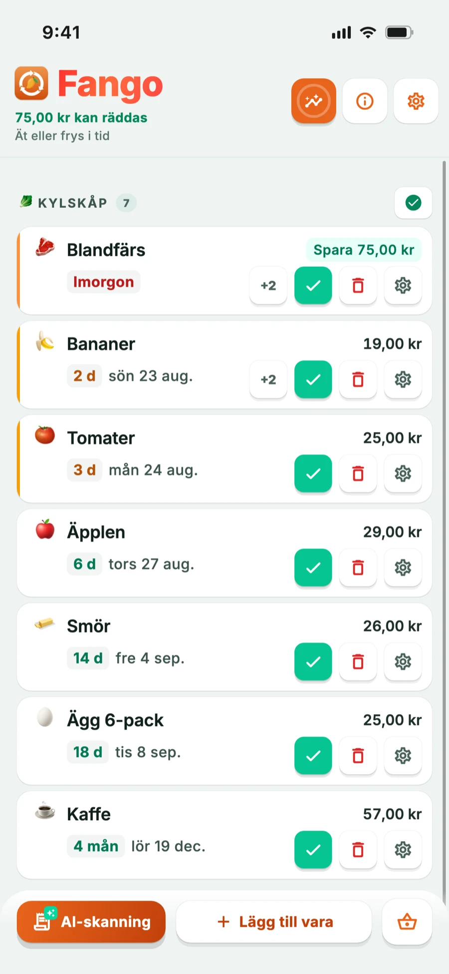 Kylskåpsvy där varor som snart går ut är färgmarkerade