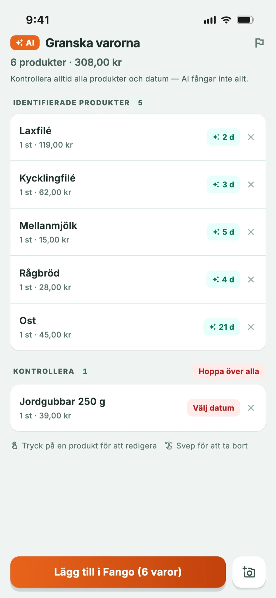 Kvittogranskning: AI har känt igen varorna och uppskattat hållbarheten