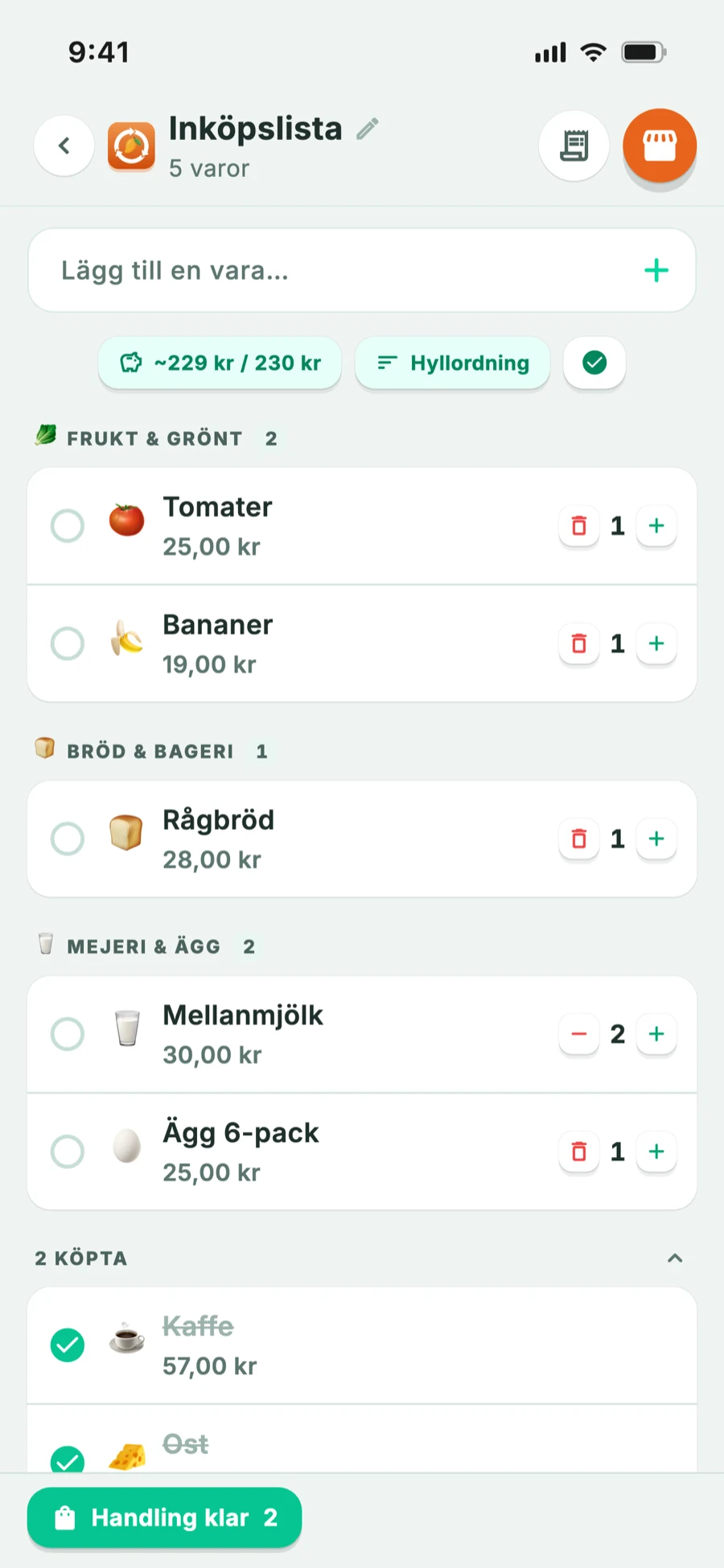 Inköpslista indelad i avdelningar i butiksordning